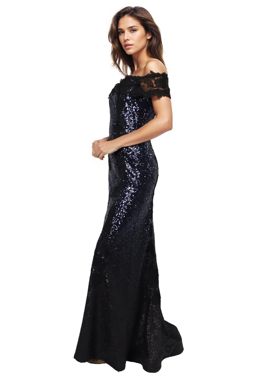 Off The Shoulder Fit and Flare Lace Sequin Gown  