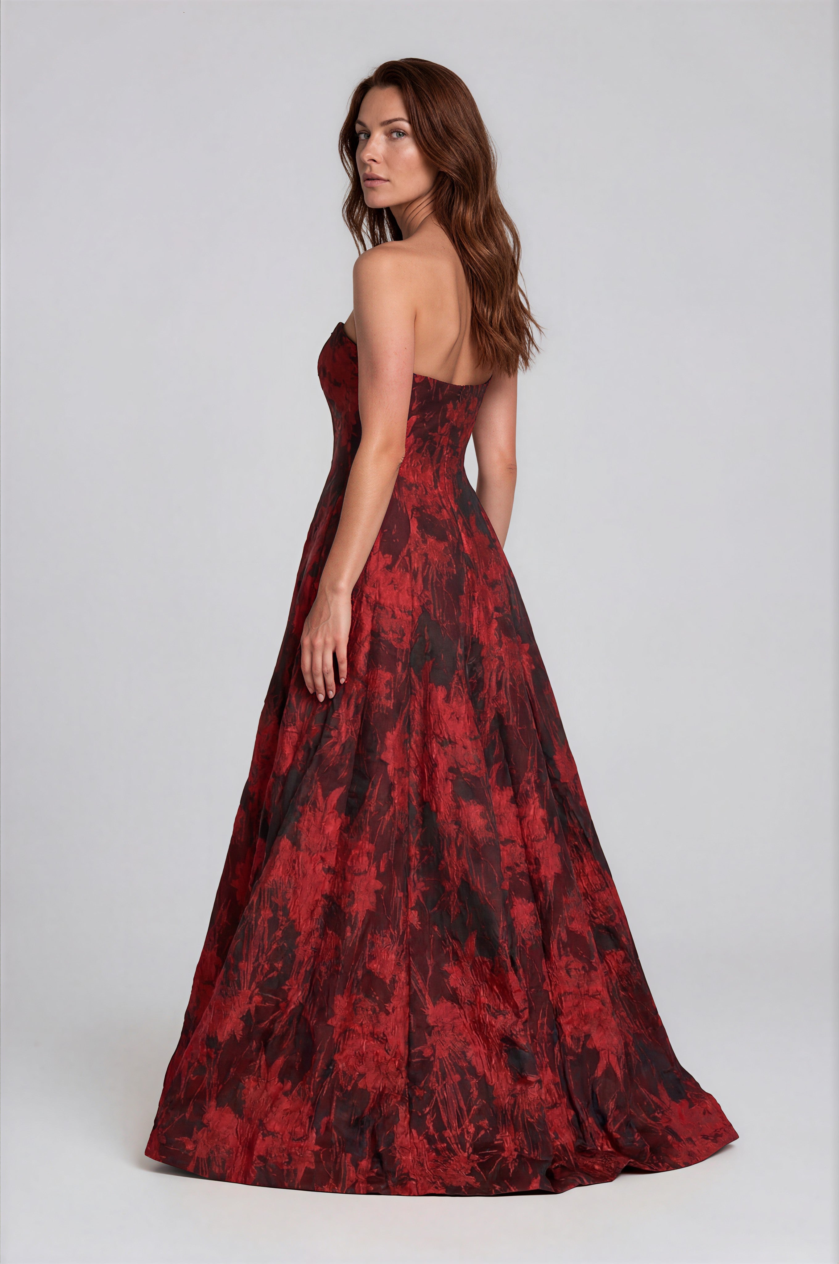 Strapless Sweetheart Sheer Floral Gown with Front Slit