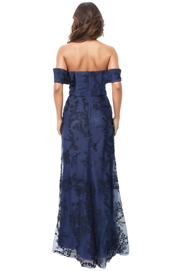 Off The Shoulder Floral Embroidered Fit And Flare Gown