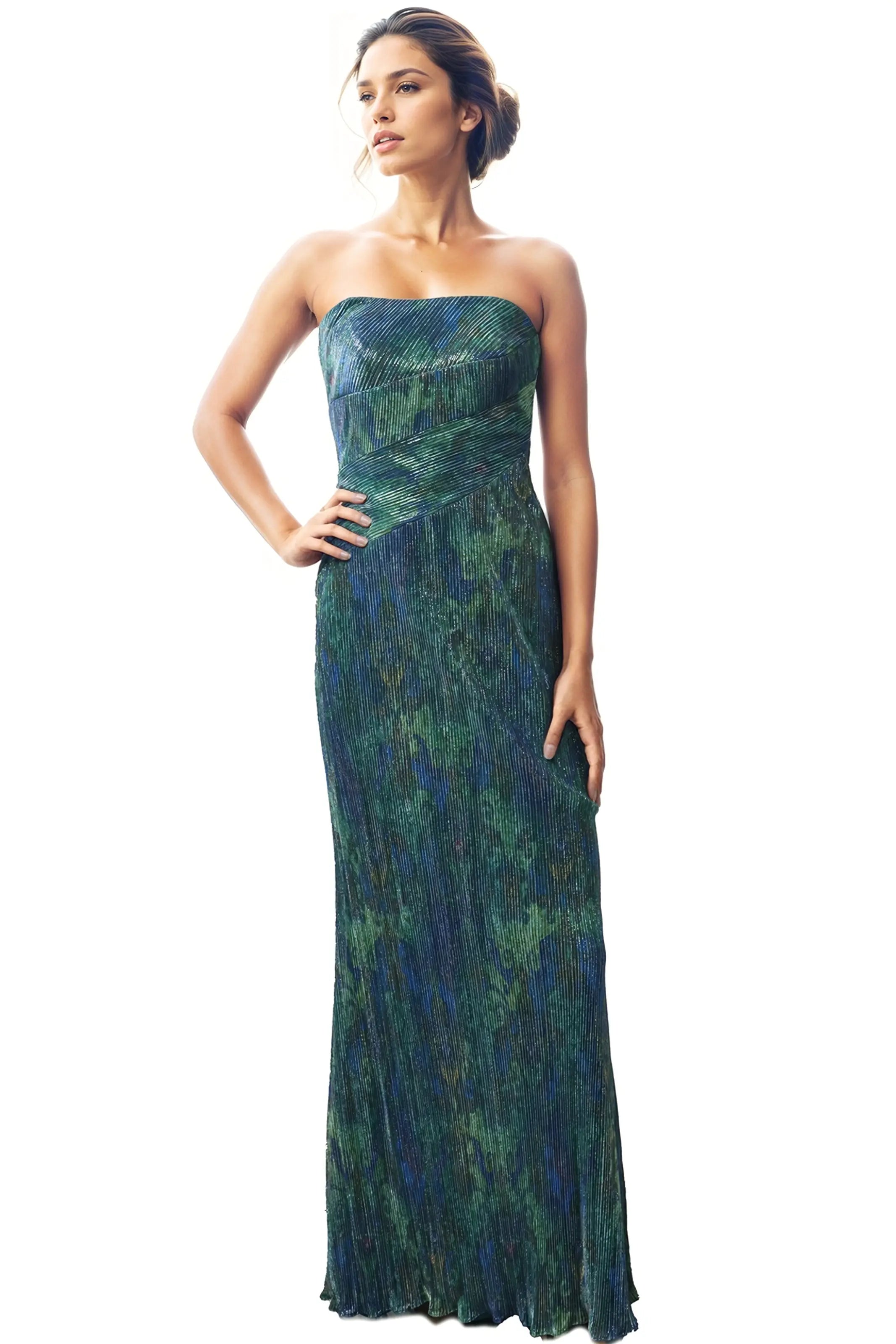 Printed Metallic Strapless Stretch Gown  