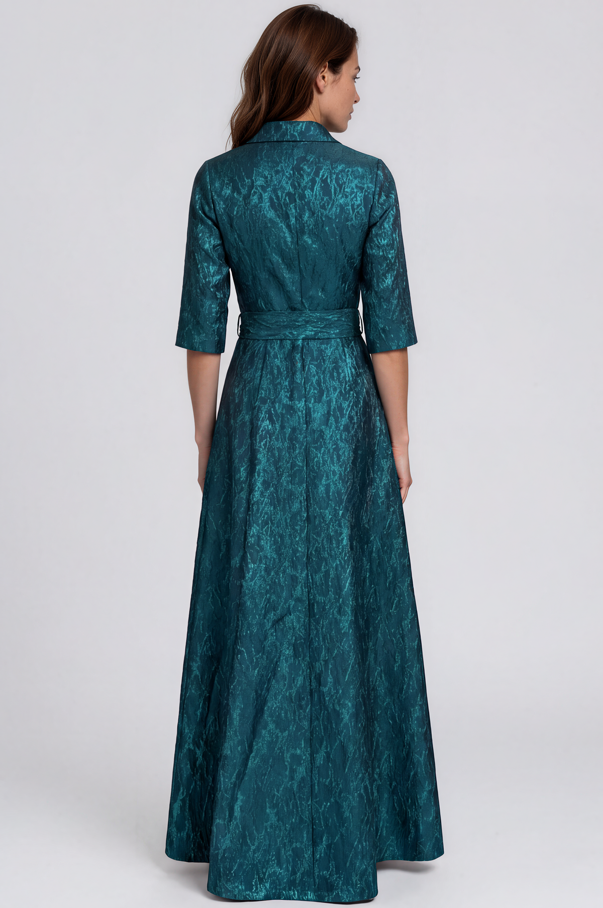3/4 Sleeve Jacquard A-Line Shirt Gown with Sash Waist