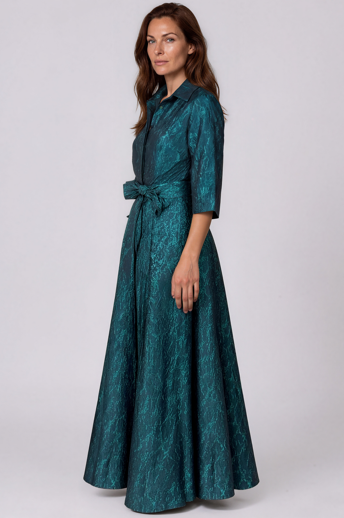 3/4 Sleeve Jacquard A-Line Shirt Gown with Sash Waist