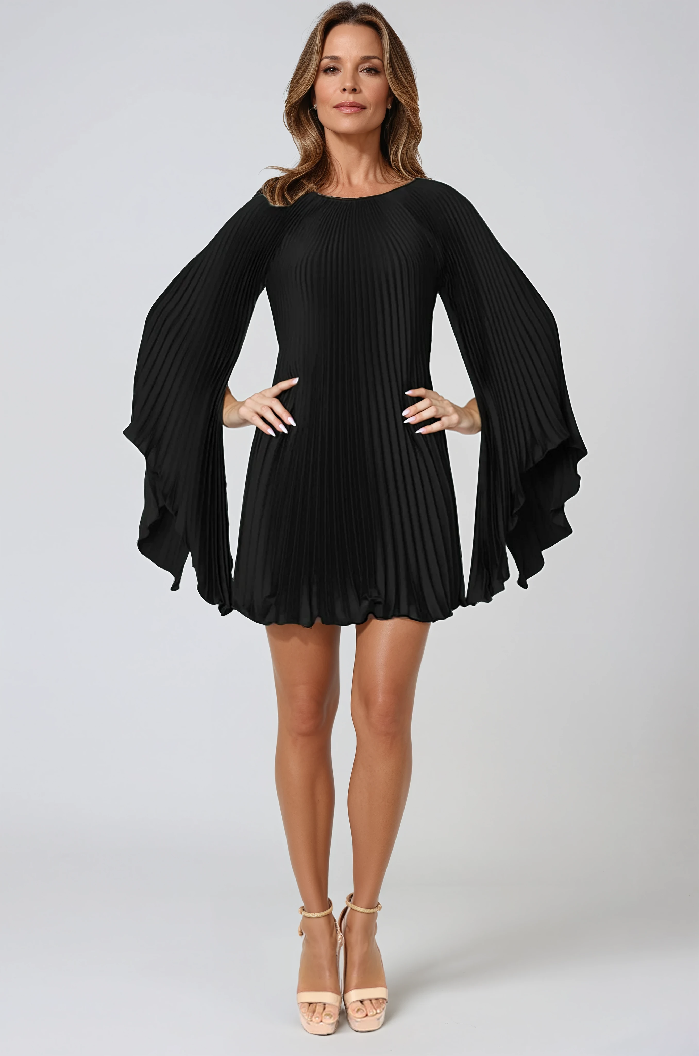 Long Sleeve Pleated Charmeuse Cocktail Cocktail Rene Ruiz Collection