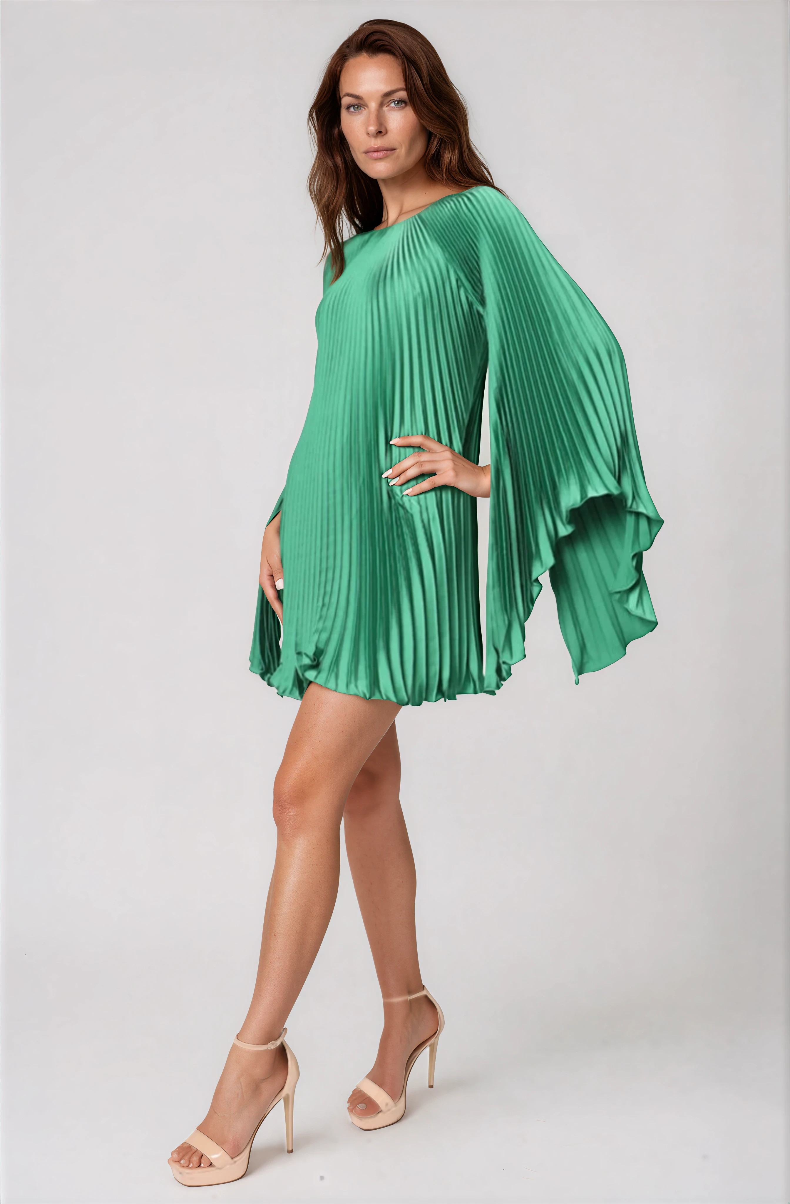 Long Sleeve Pleated Charmeuse Cocktail Cocktail Rene Ruiz Collection