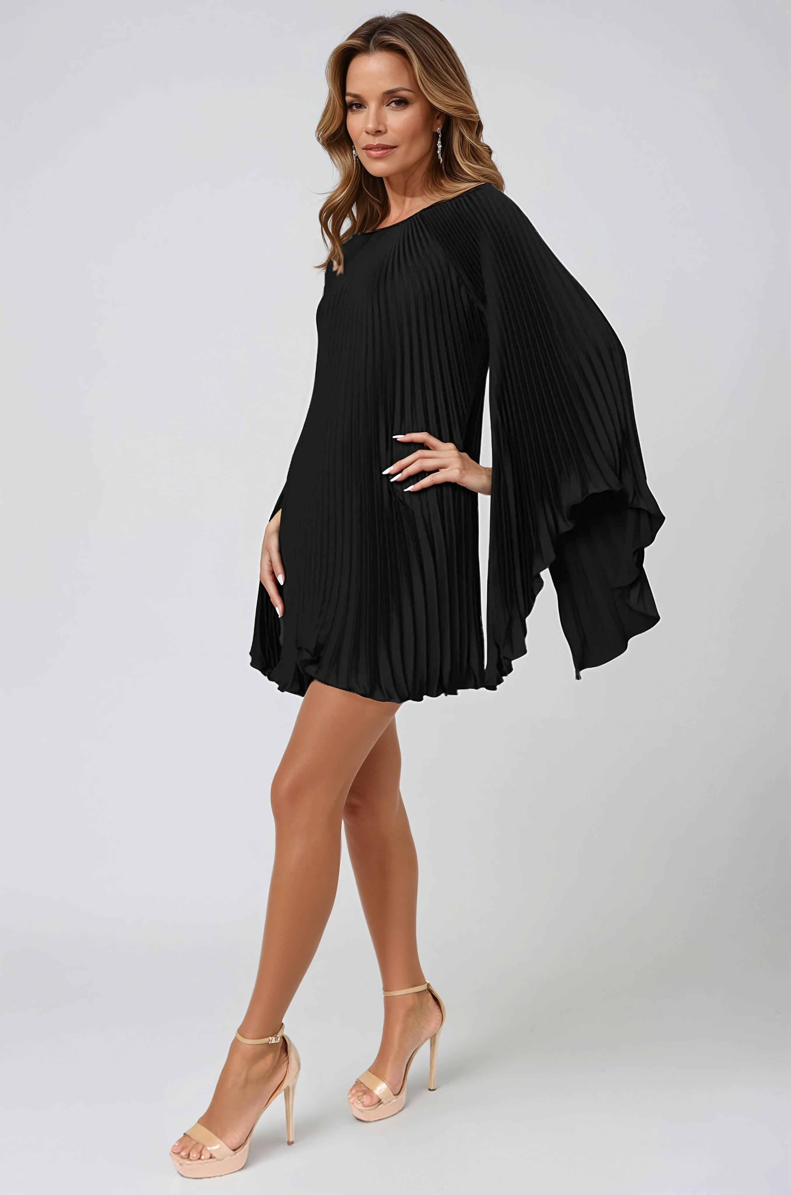Long Sleeve Pleated Charmeuse Cocktail Cocktail Rene Ruiz Collection