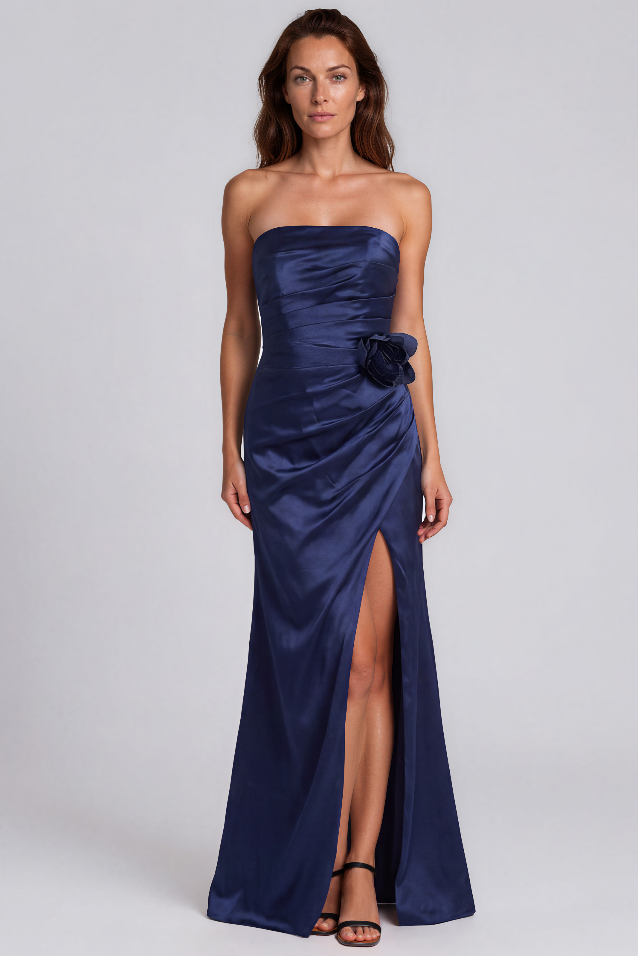 Strapless Draped Waist Floral Detail Satin-Back Crepe A-Line Gown Gown Rene Ruiz Collection
