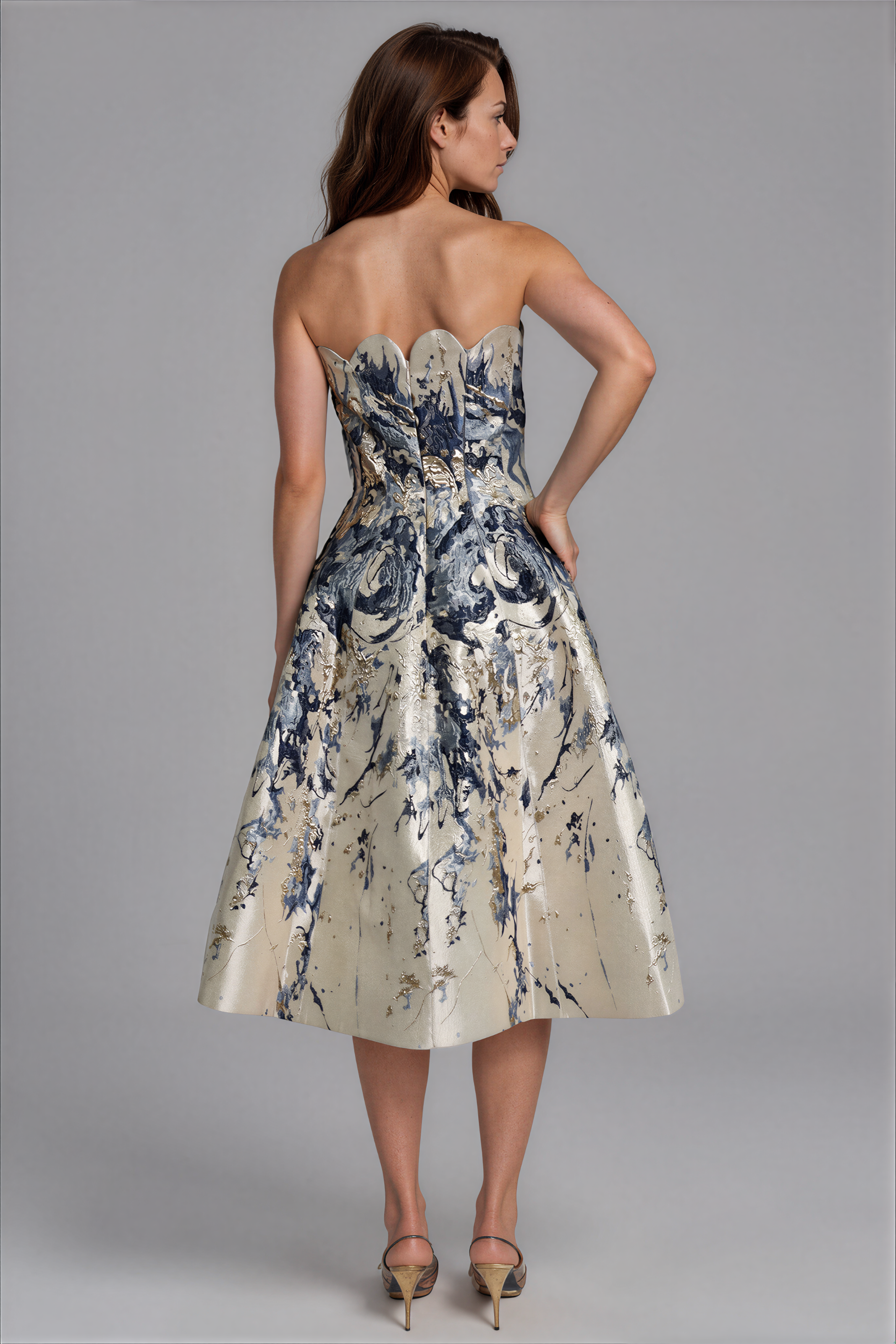 Strapless  Scalloped Brocade Cocktail Midi