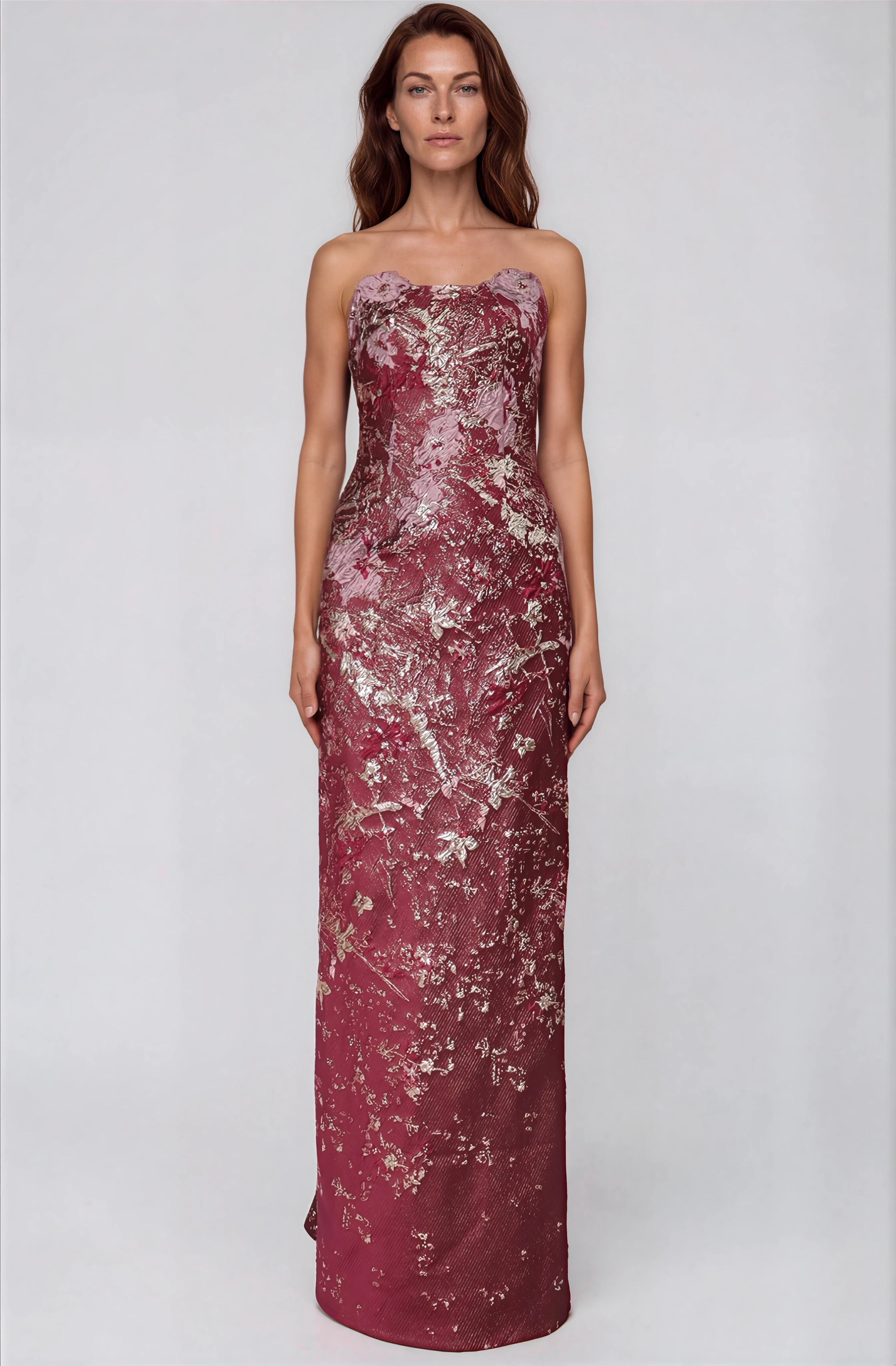 Strapless Floral Brocade Column Gown With Floral Appliques Gown Rene Ruiz Collection