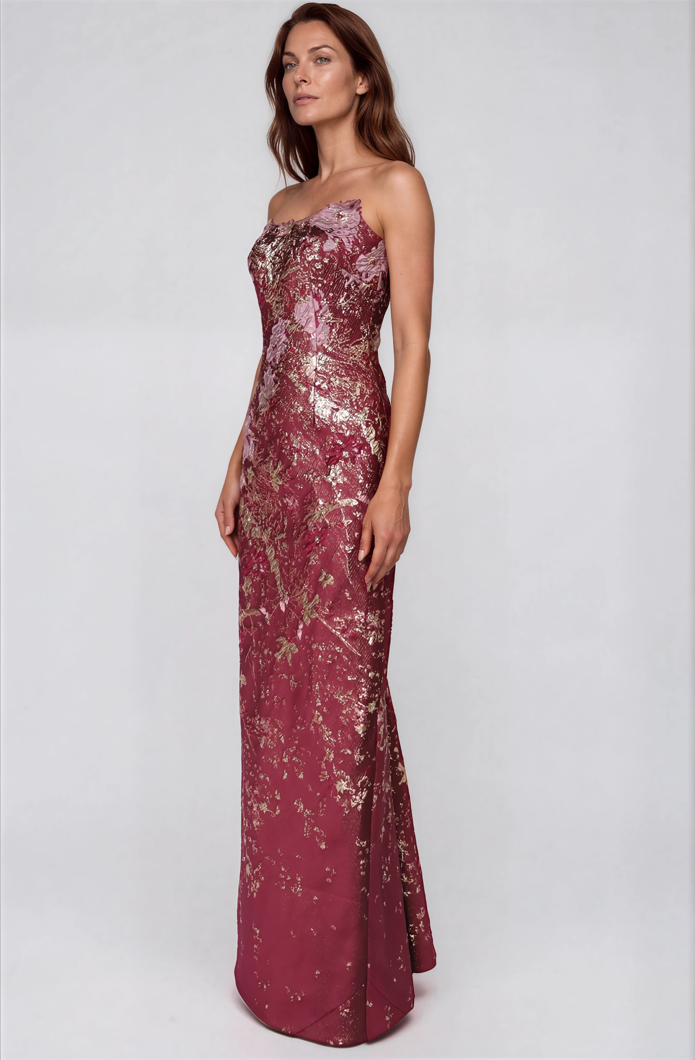 Strapless Floral Brocade Column Gown With Floral Appliques Gown Rene Ruiz Collection