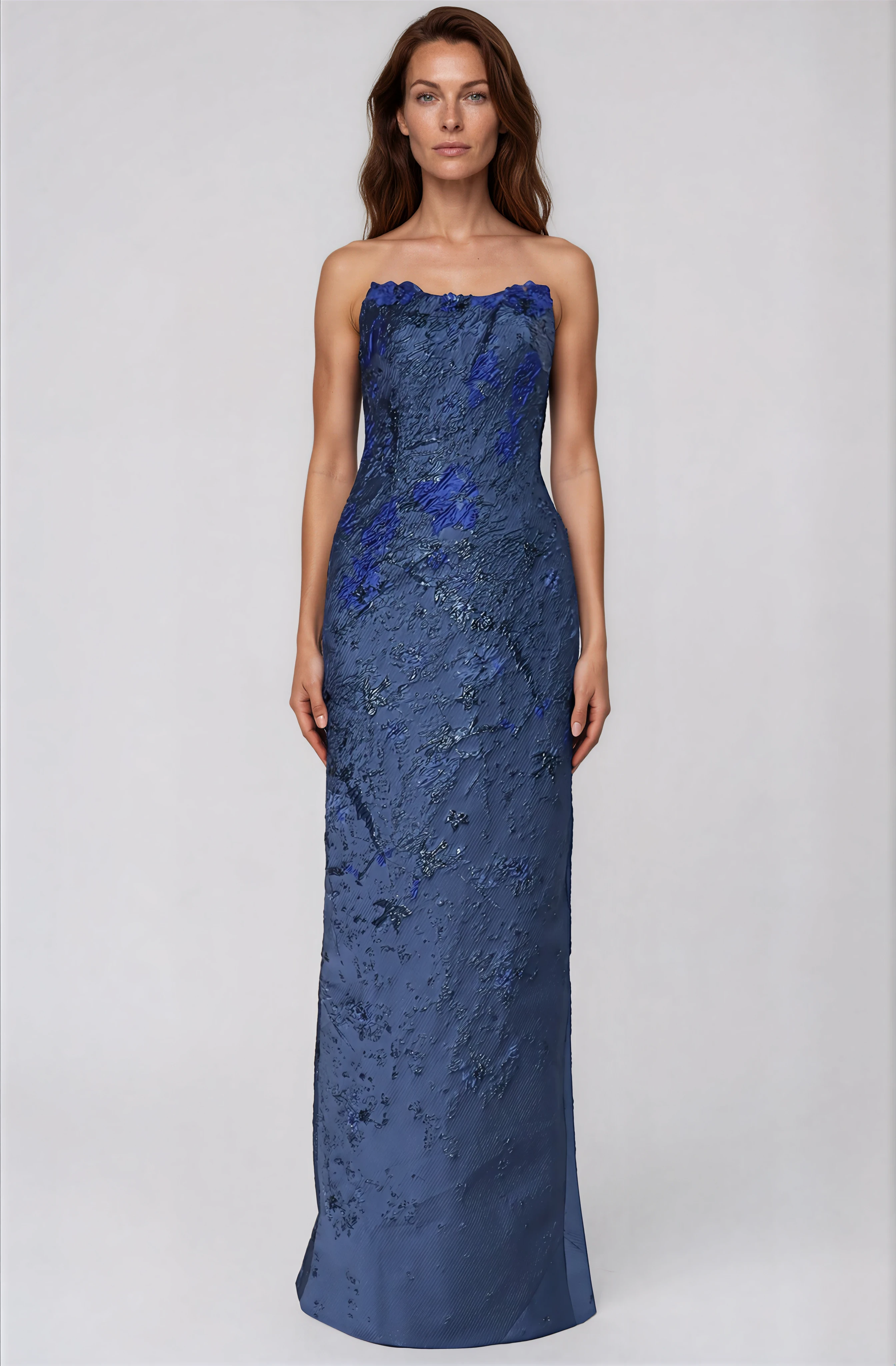 Strapless Floral Brocade Column Gown With Floral Appliques Gown Rene Ruiz Collection