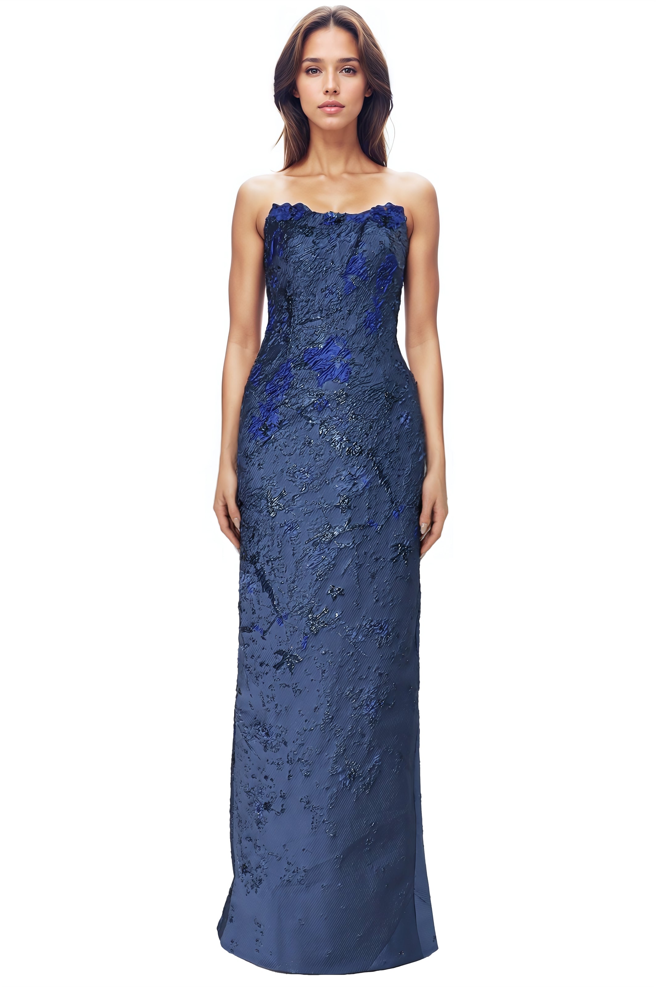 Strapless Floral Brocade Column Gown With Floral Appliques  