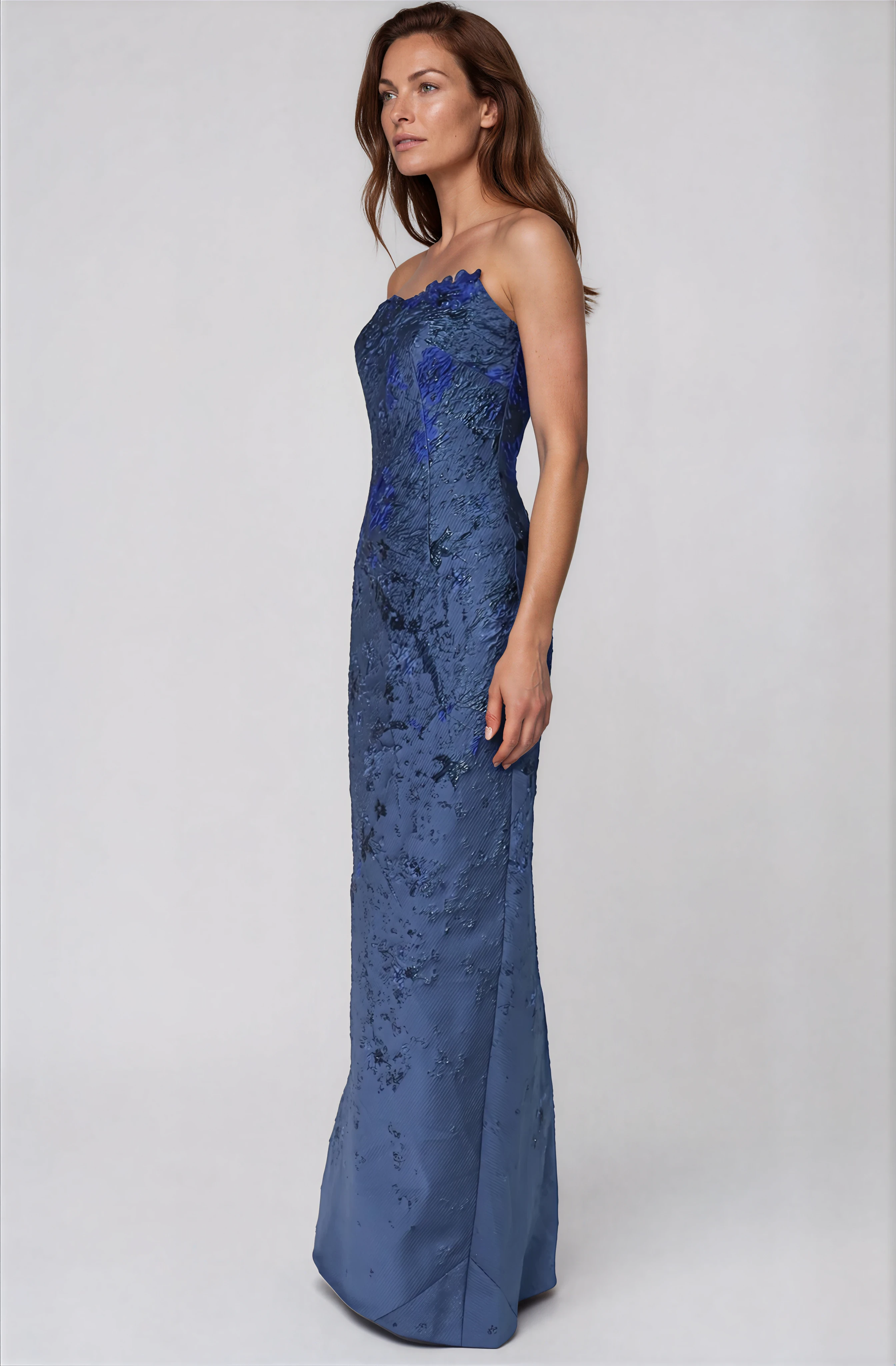 Strapless Floral Brocade Column Gown With Floral Appliques Gown Rene Ruiz Collection