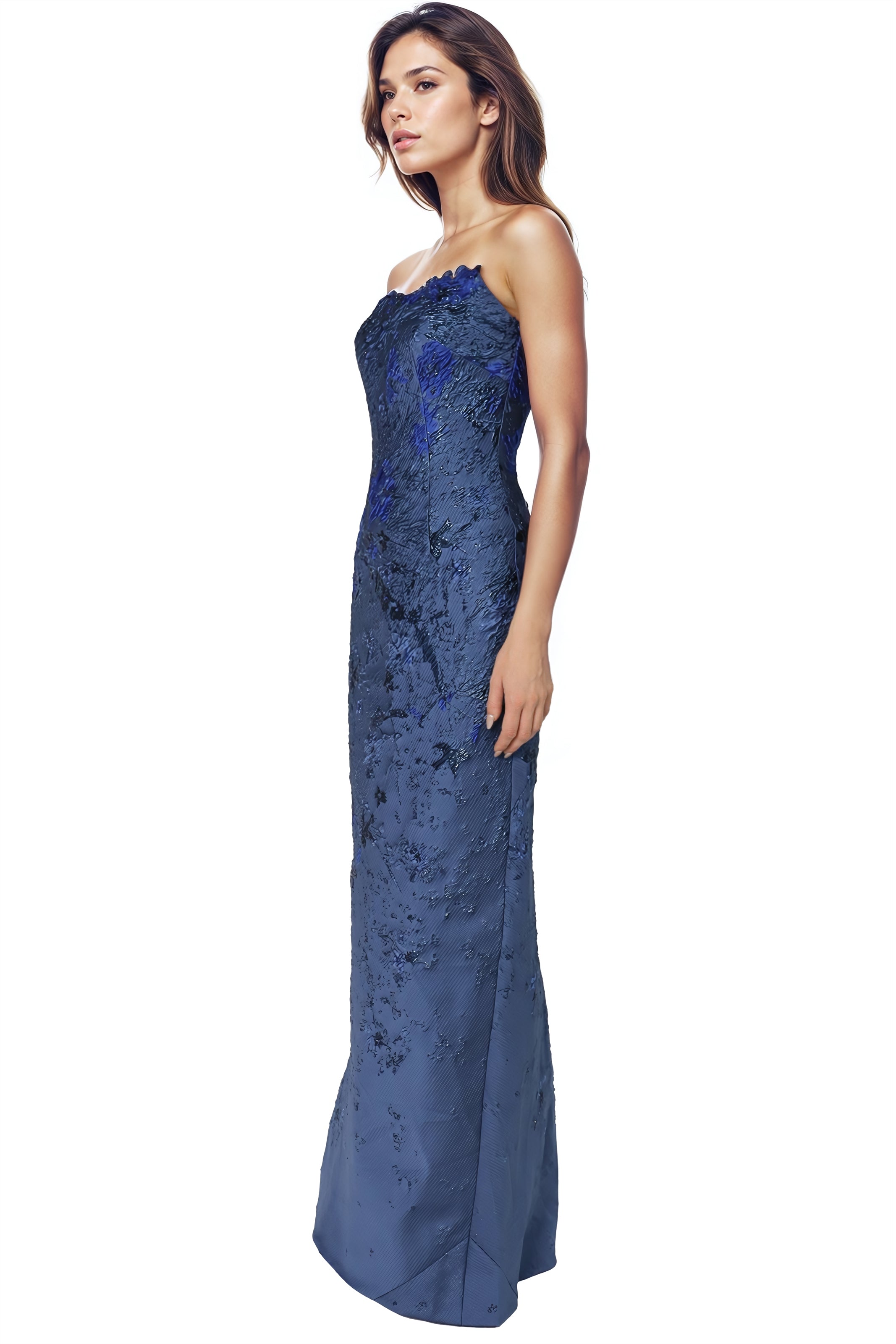 Strapless Floral Brocade Column Gown With Floral Appliques  