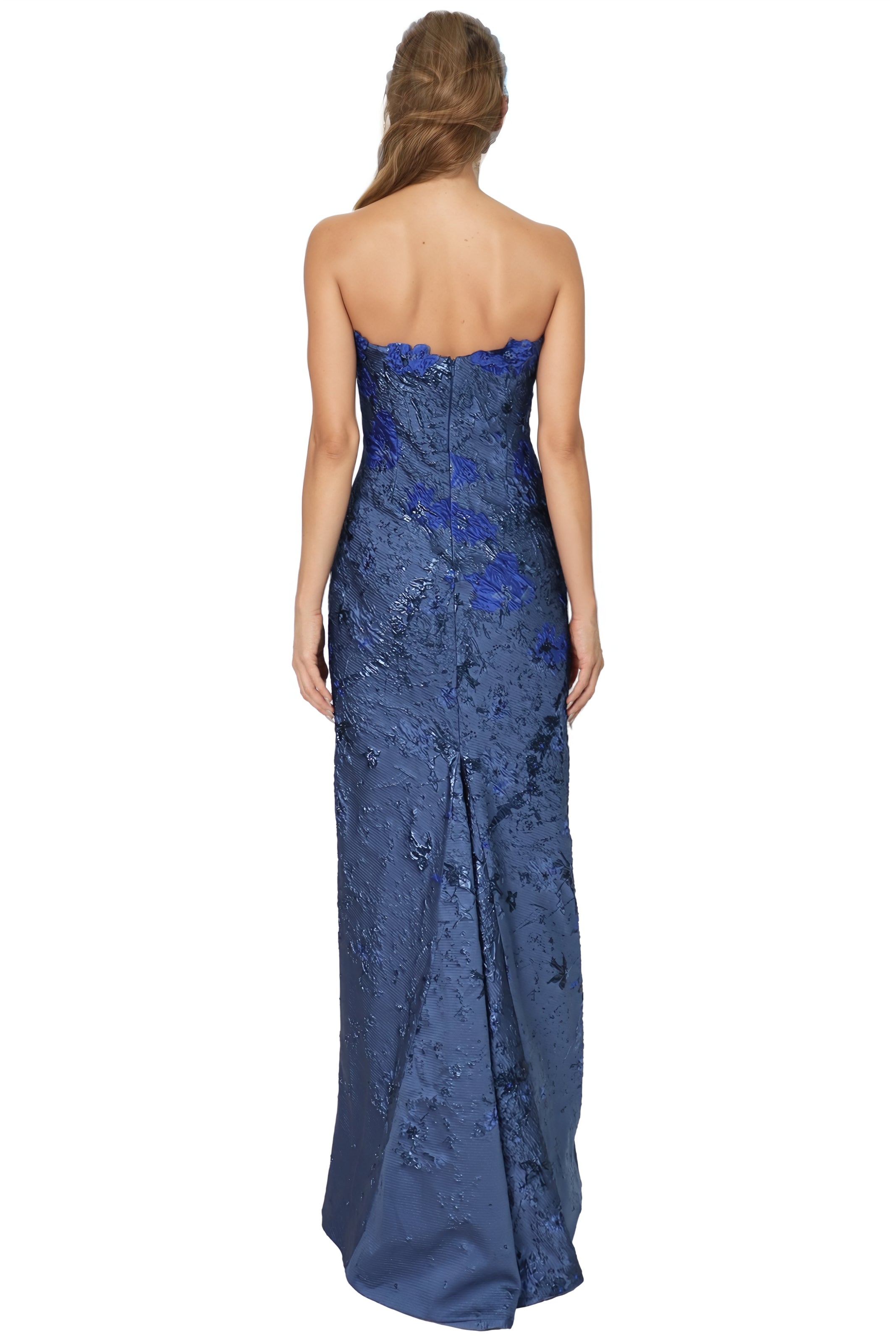 Strapless Floral Brocade Column Gown With Floral Appliques  