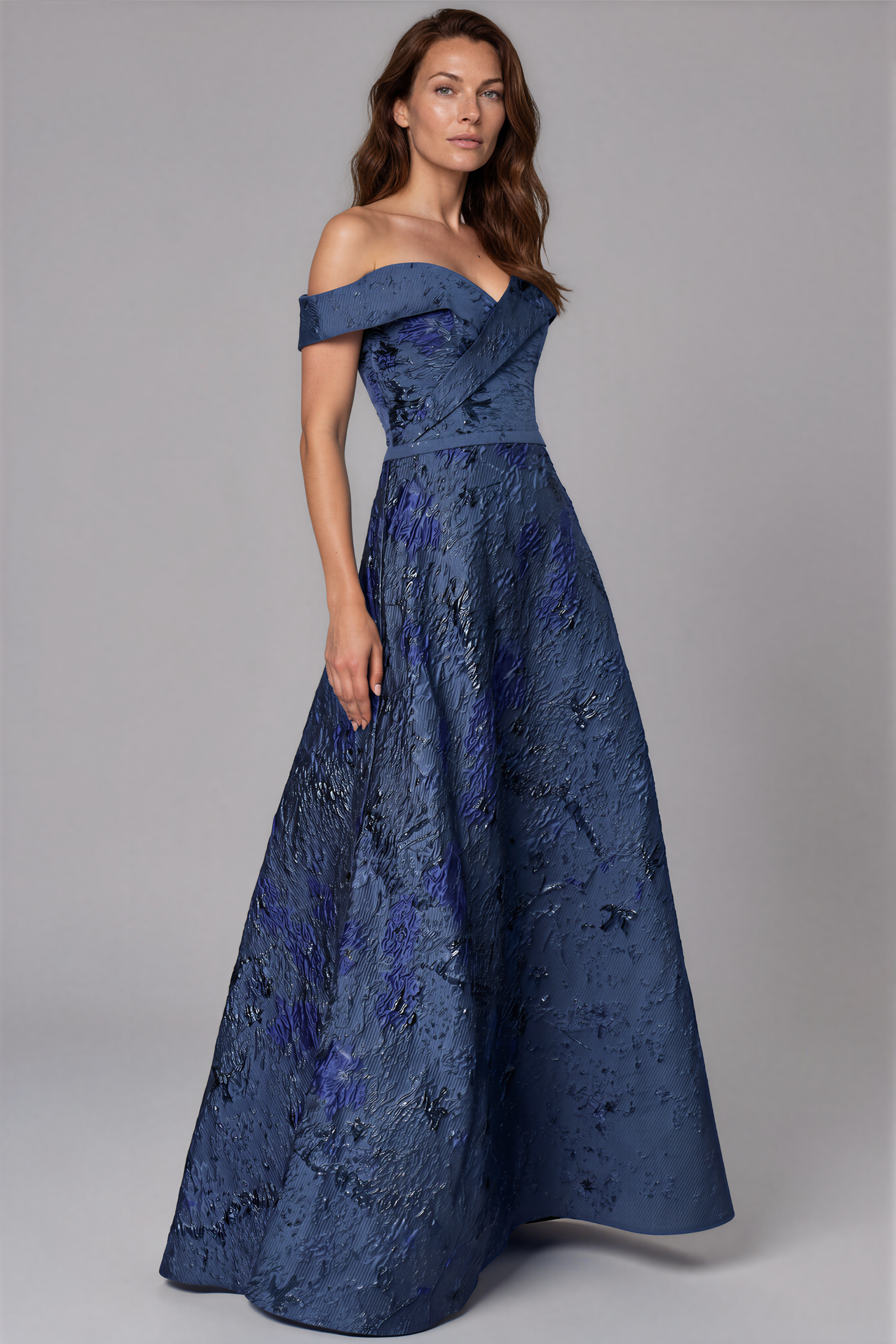 Off The Shoulder A-Line Brocade Gown Gown Rene Ruiz Collection