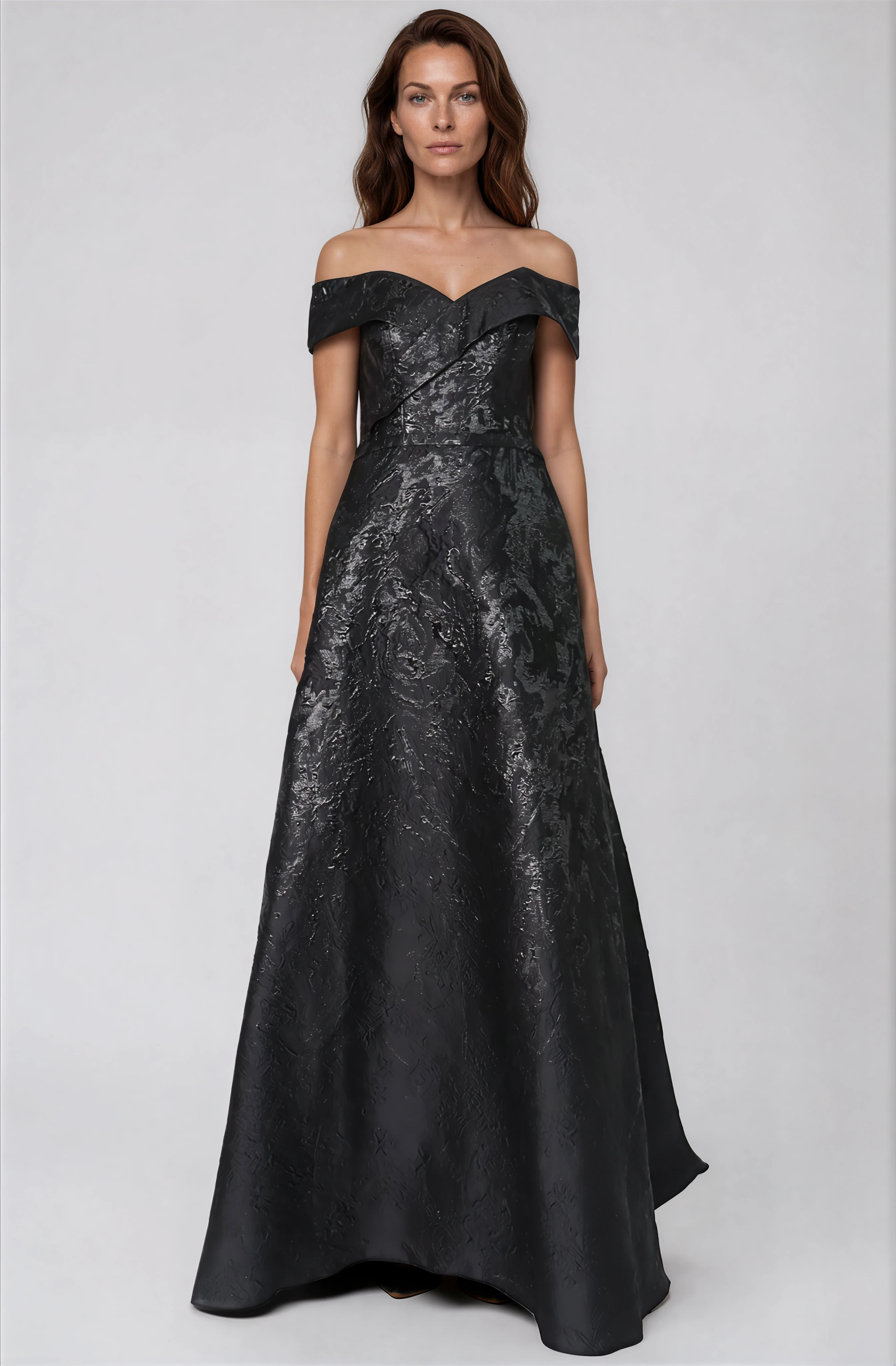 Off The Shoulder A-Line Brocade Gown Gown Rene Ruiz Collection