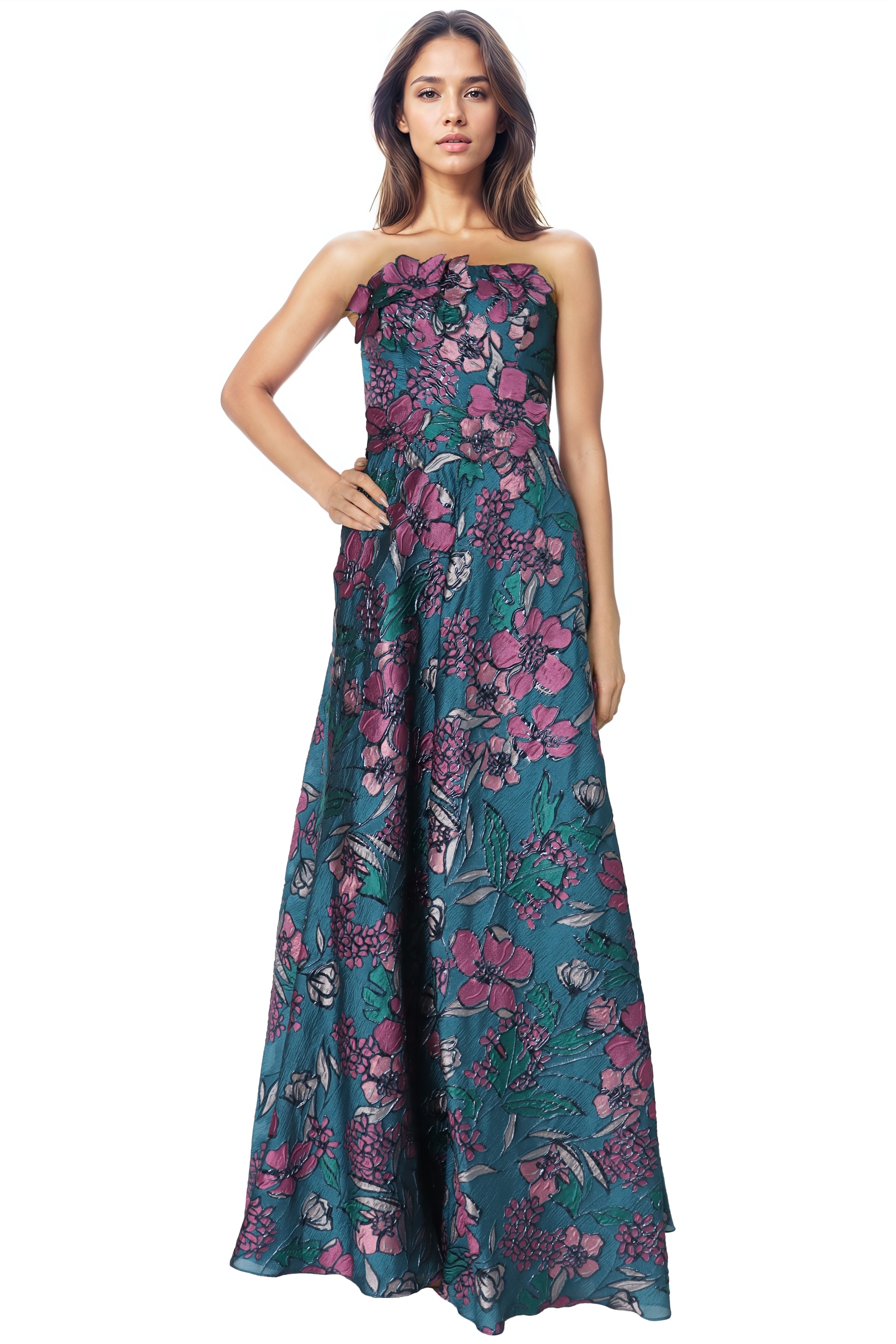 Strapless Floral Brocade A-Line Gown With Floral Appliques  