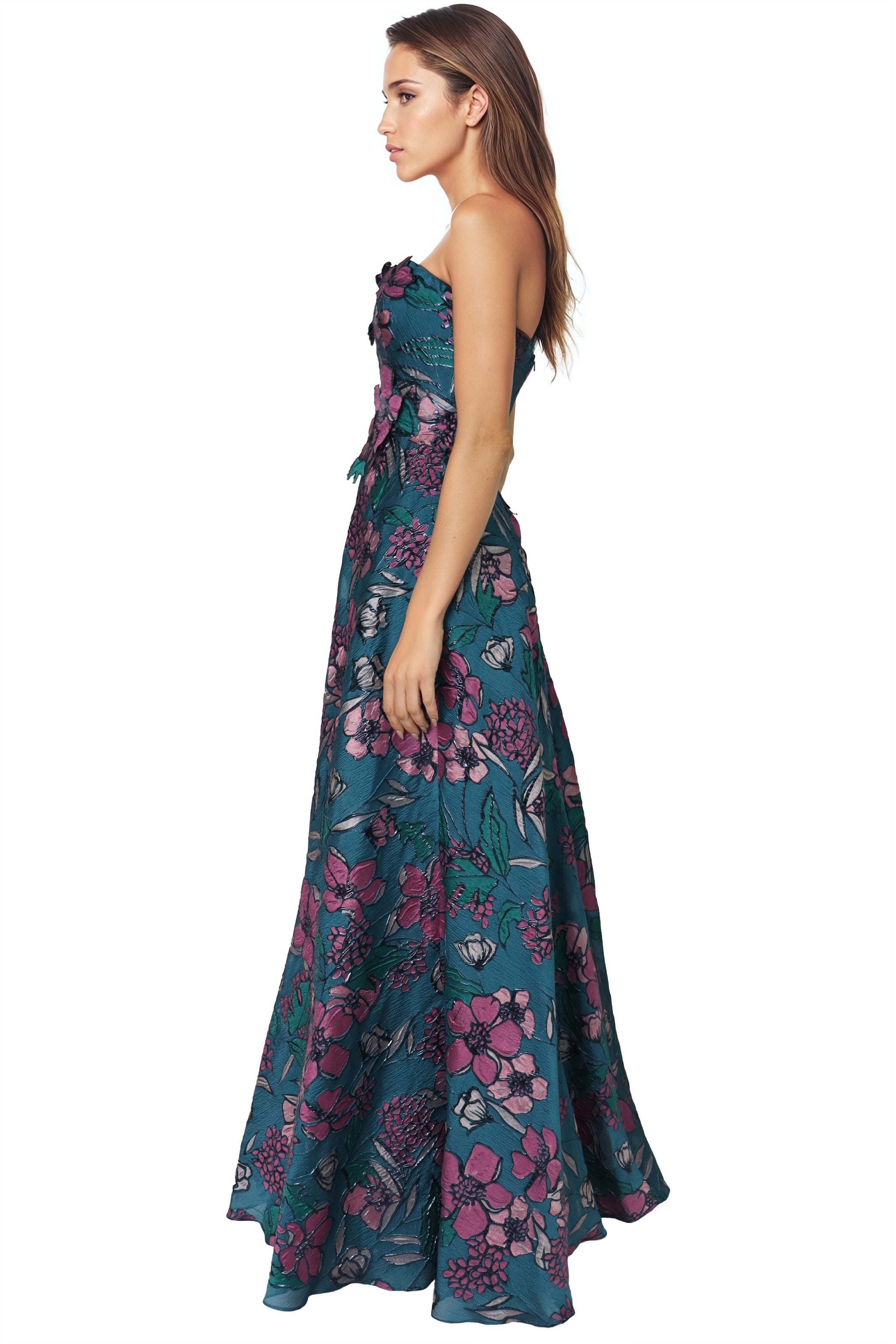 Strapless Floral Brocade A-Line Gown With Floral Appliques  