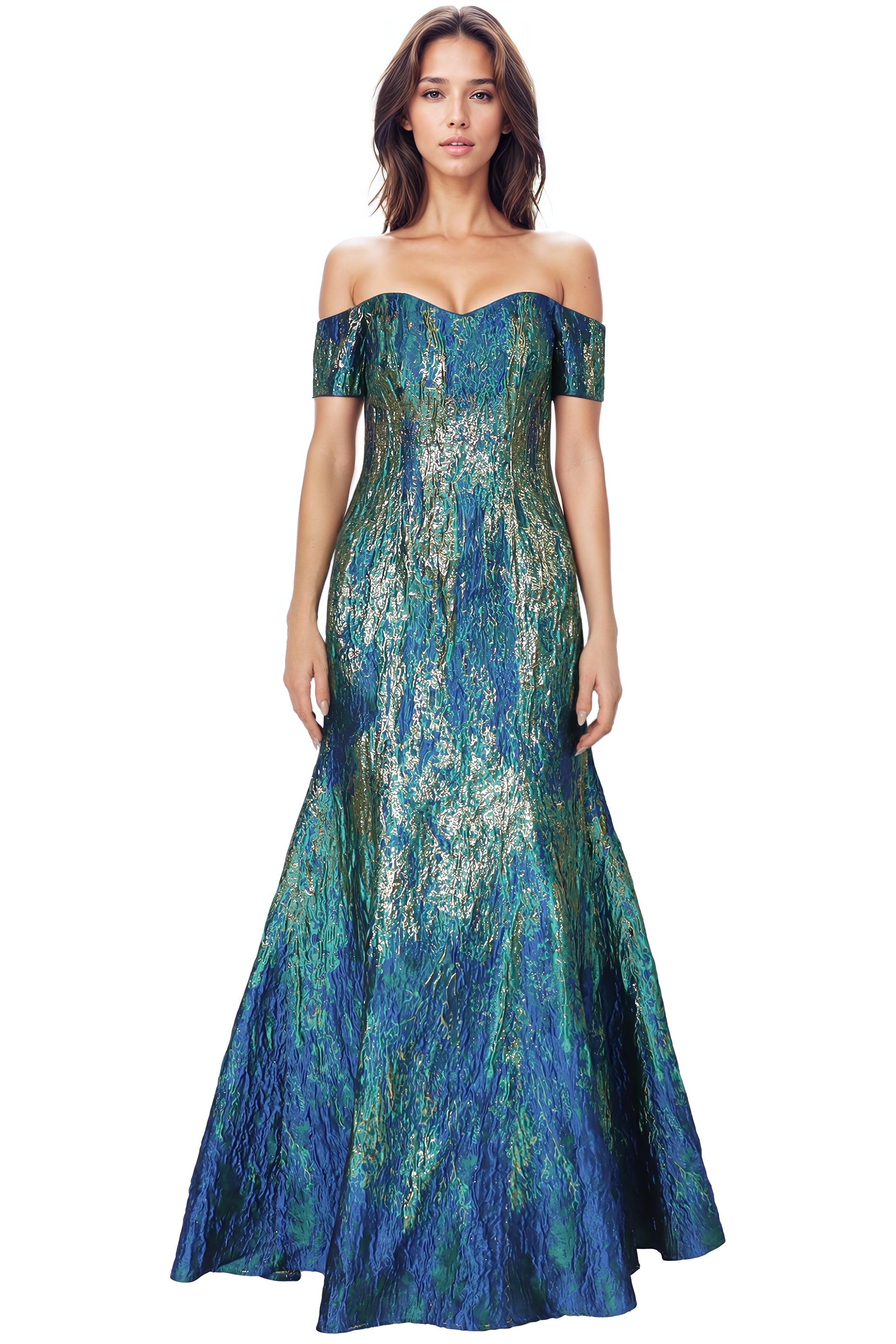 Off the Shoulder Brocade Sweetheart Fit And Flare Gown  