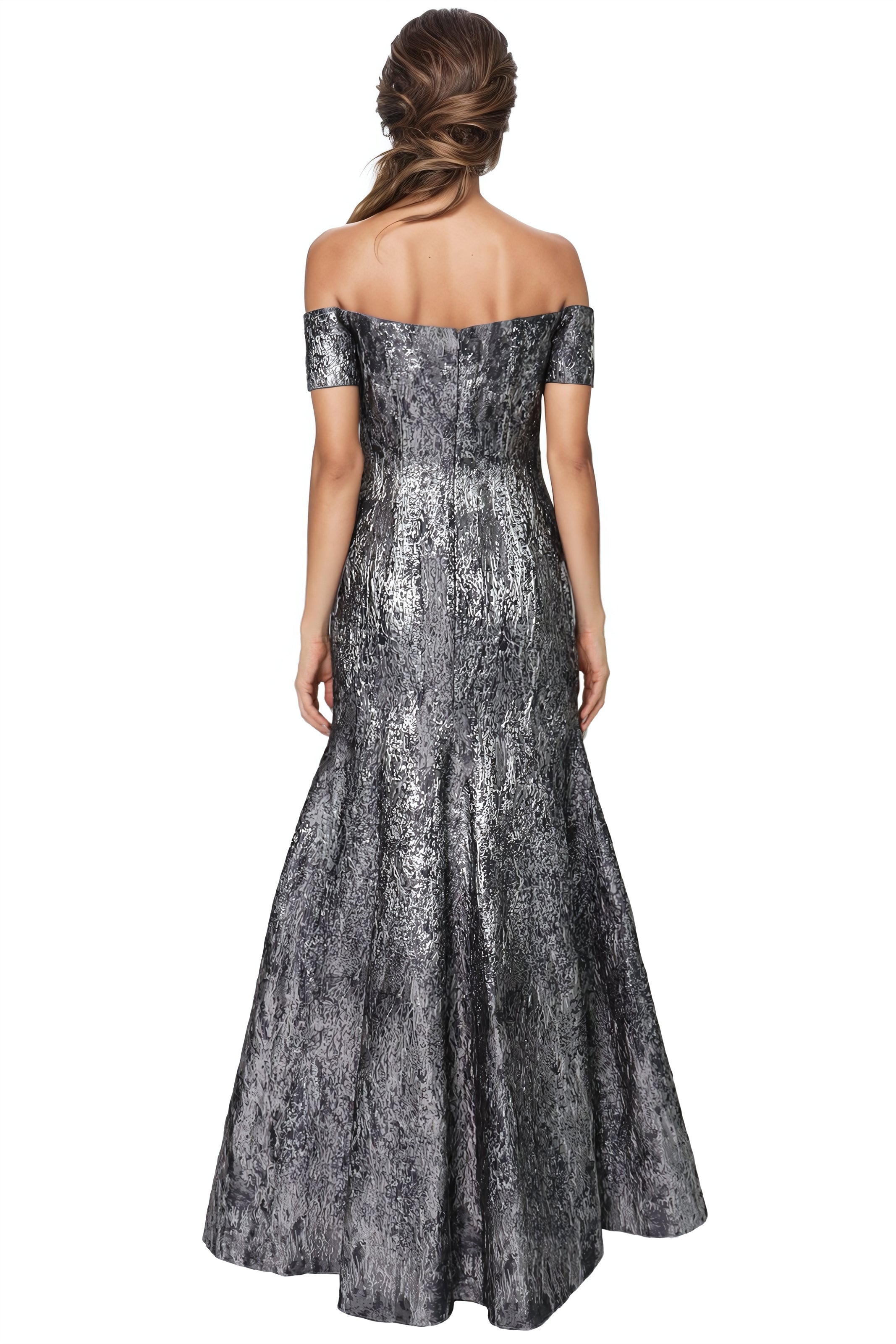 Brocade Off the Shoulder Fit And Flare Gown  