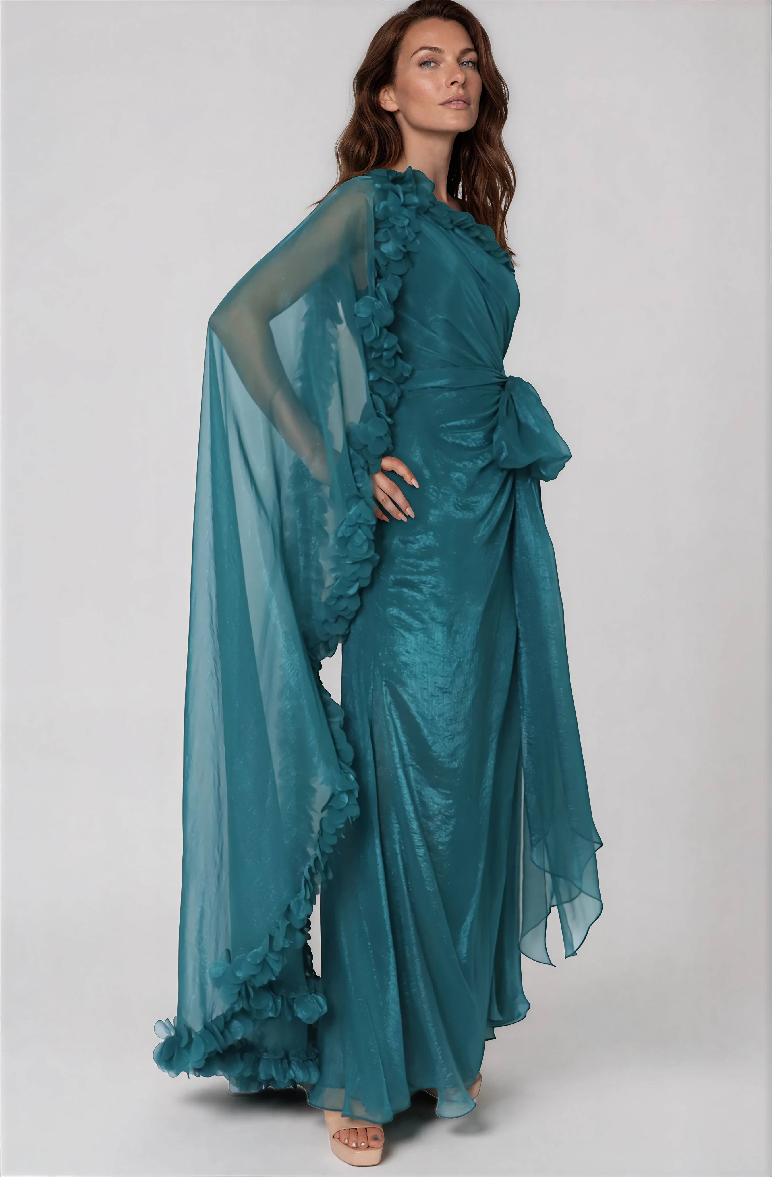 One Shoulder Chiffon Cape Sleeve Gown Gown Rene Ruiz Collection