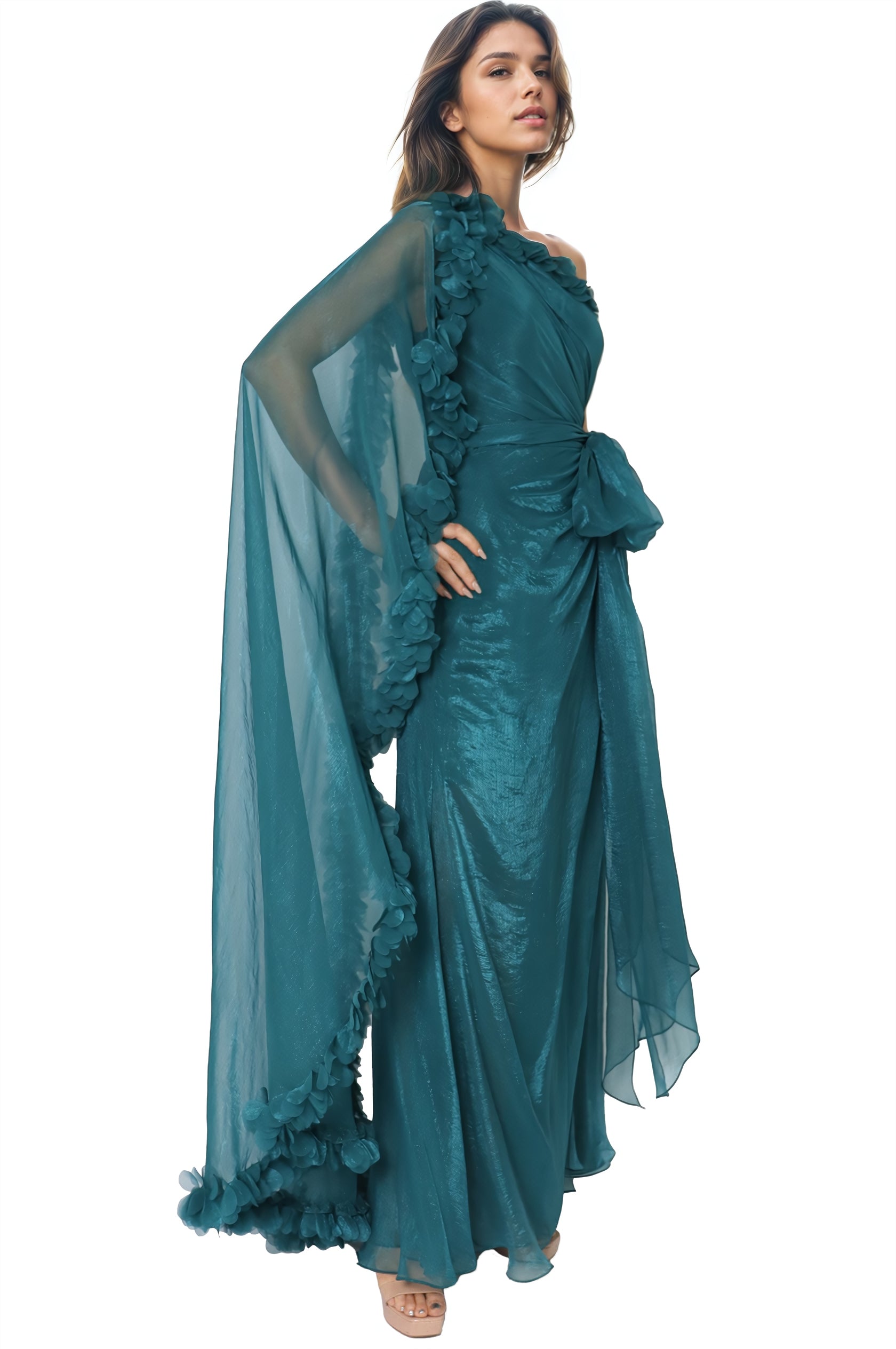 One Shoulder Chiffon Cape Sleeve Gown  