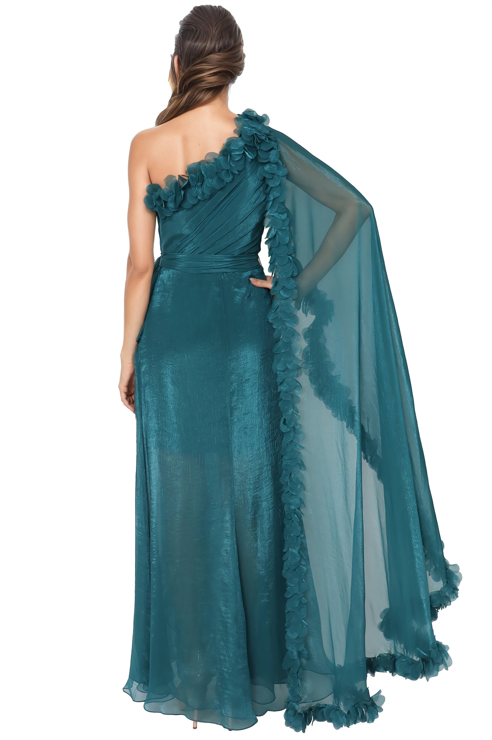 One Shoulder Tulle Cape Sleeve Gown