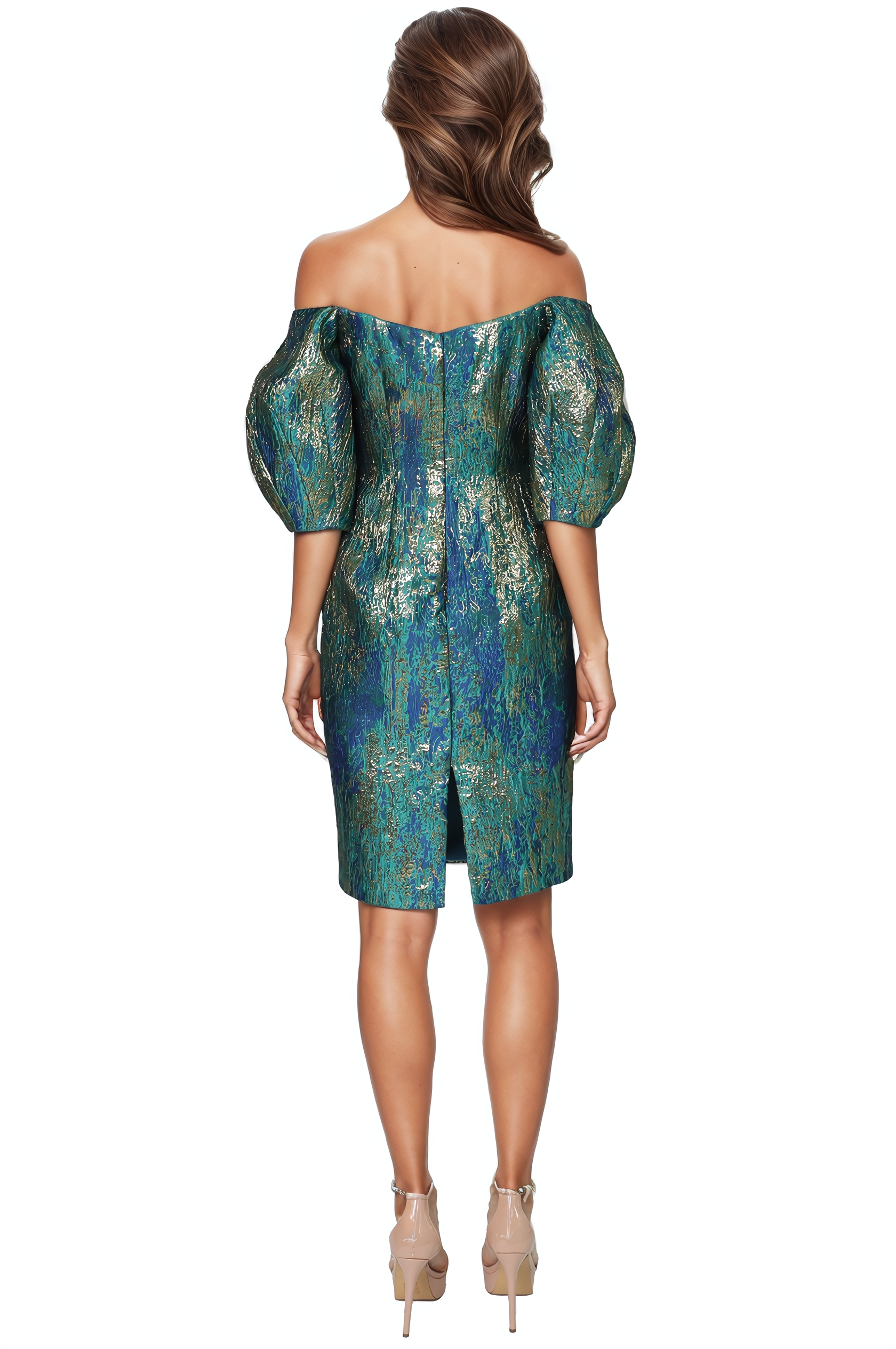 Off the Shoulder Puff Sleeve Brocade Cocktail  