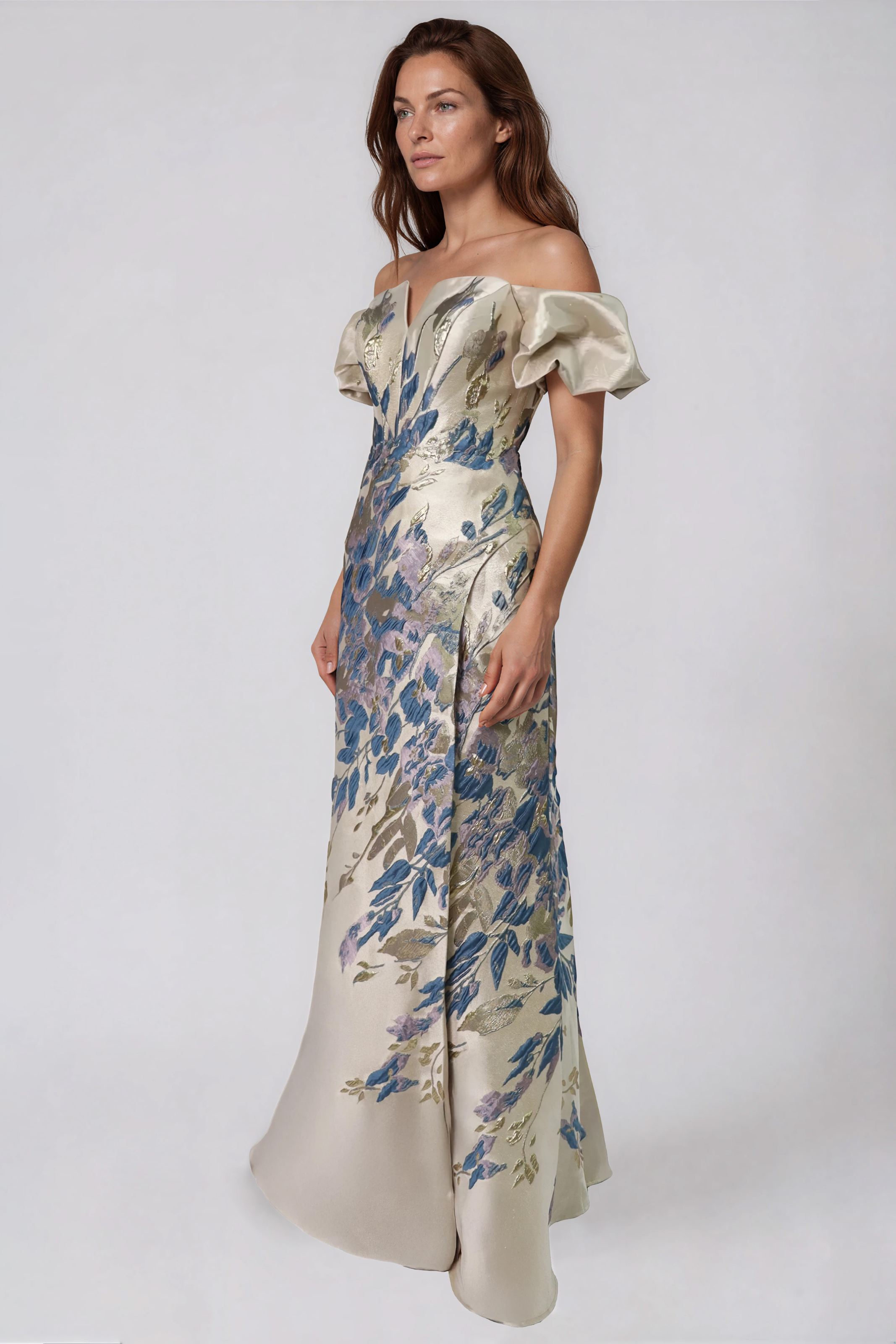 Off The Shoulder Puff Sleeve Fit And Flare Gown