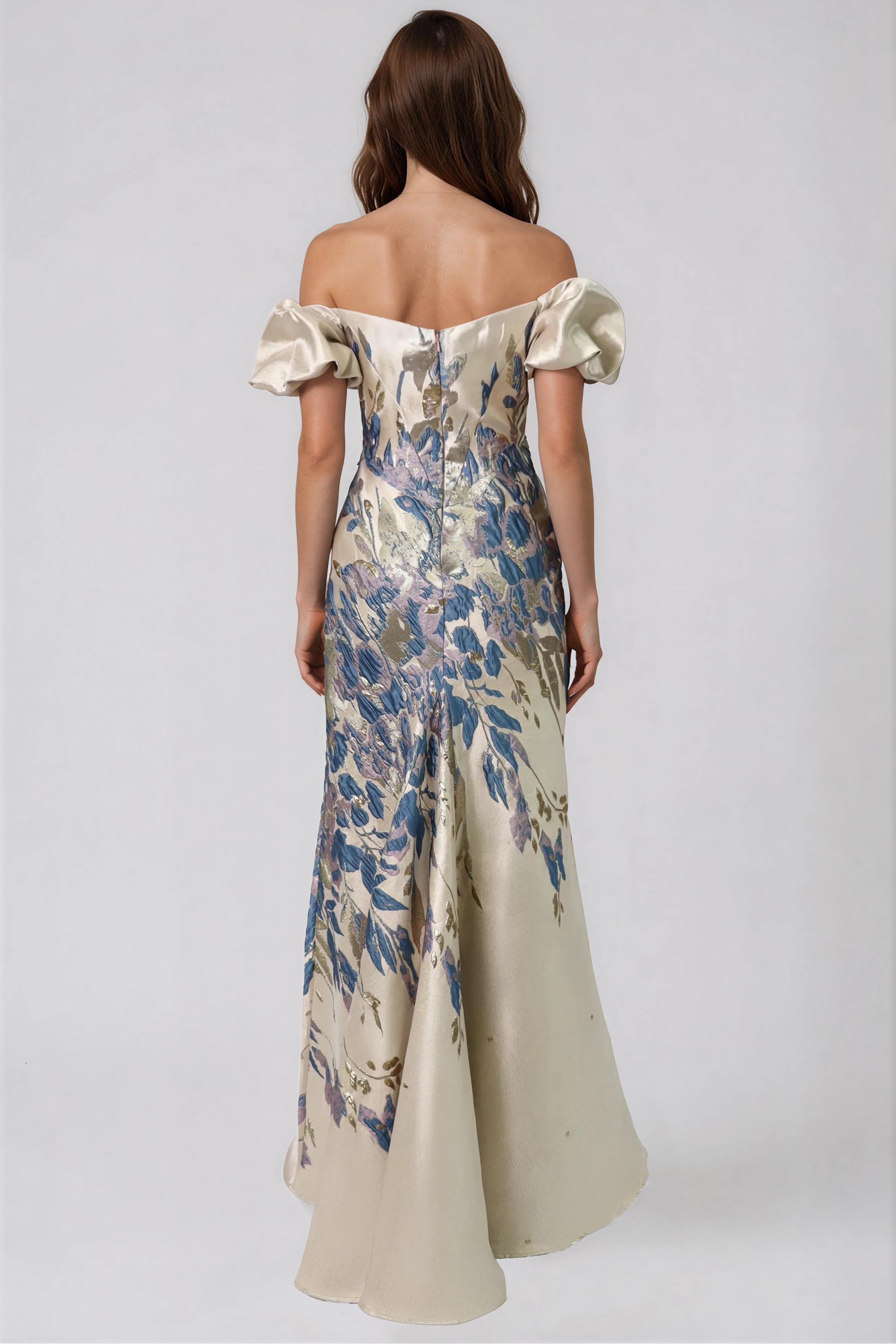 Off The Shoulder Puff Sleeve Fit And Flare Gown
