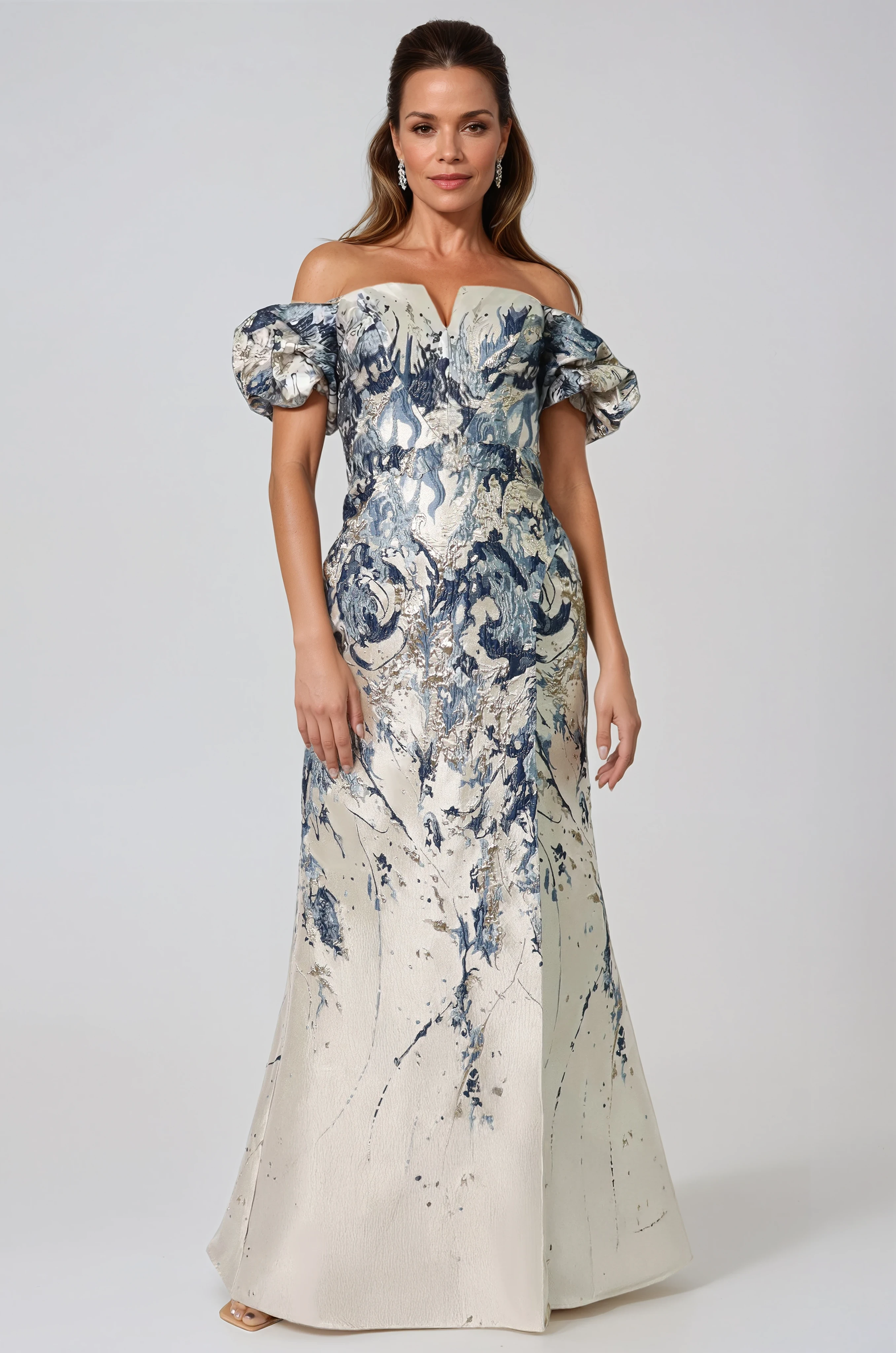 Off The Shoulder Puff Sleeve Fit And Flare Gown Gown Rene Ruiz Collection