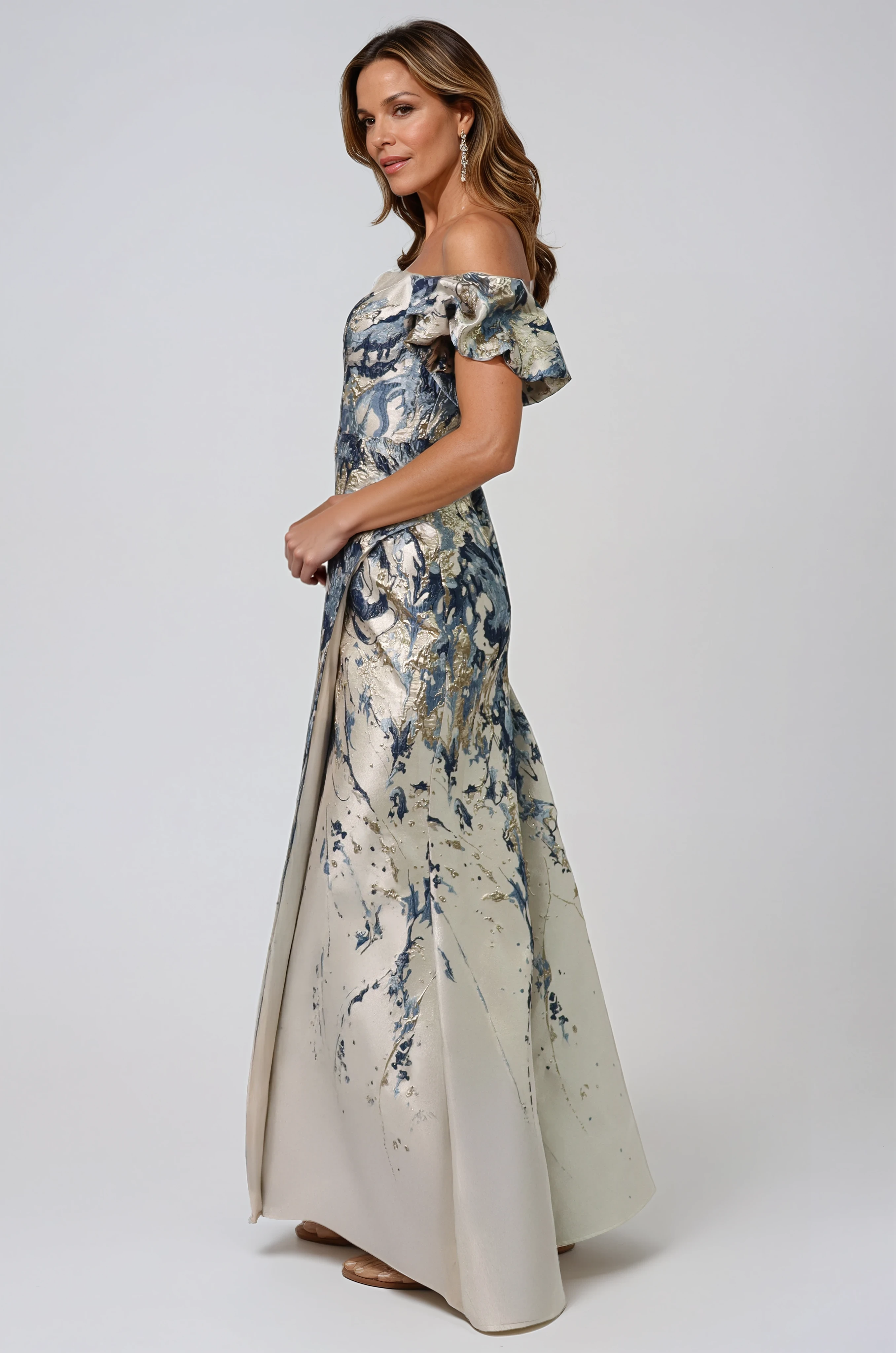 Off The Shoulder Puff Sleeve Fit And Flare Gown Gown Rene Ruiz Collection