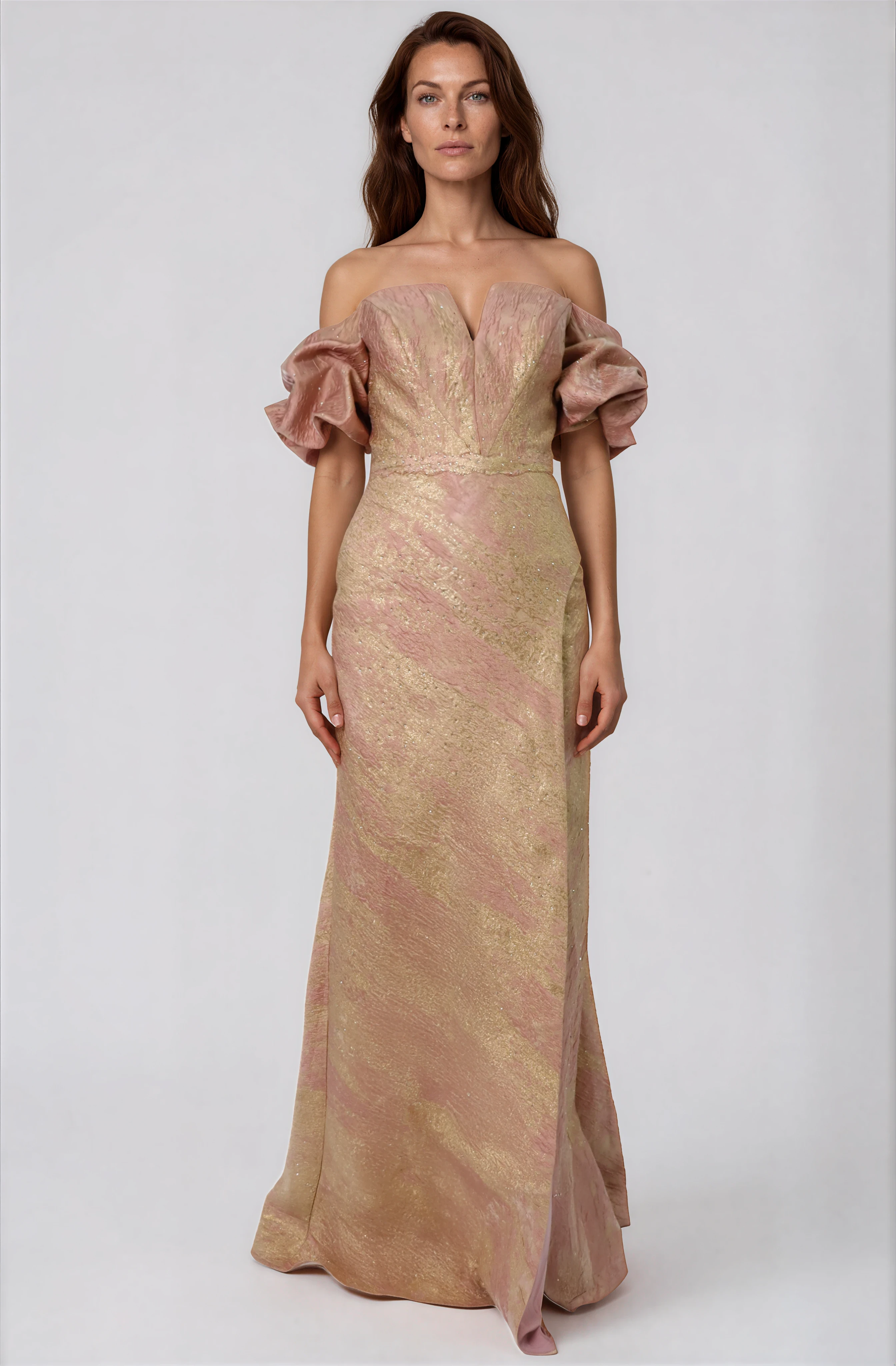 Off The Shoulder Puff Sleeve Fit And Flare Gown Gown Rene Ruiz Collection