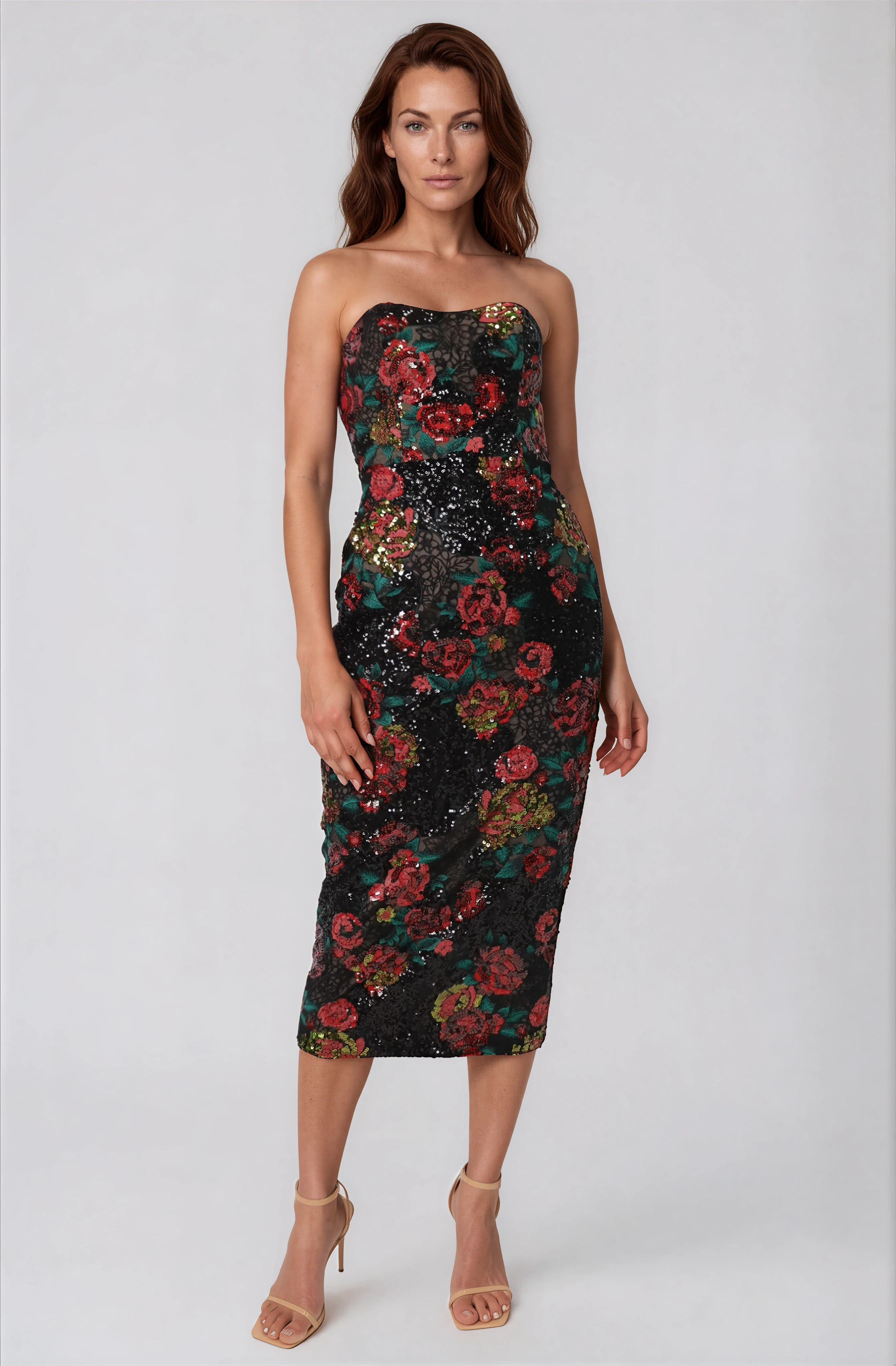 Strapless Floral Sequin Midi With High-Low Overskirt Cocktail Rene Ruiz Collection