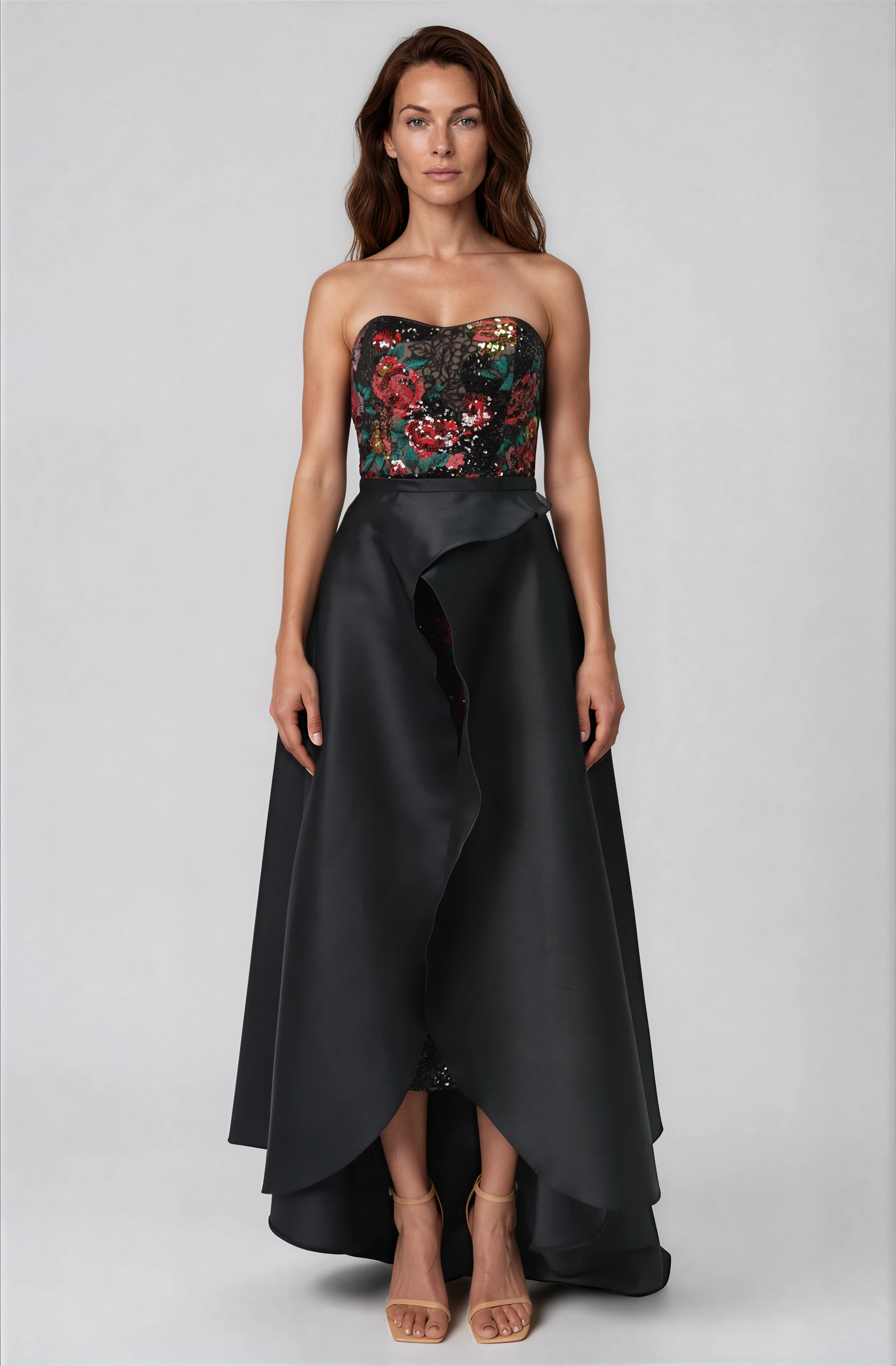 Strapless Floral Sequin Midi With High-Low Overskirt Cocktail Rene Ruiz Collection