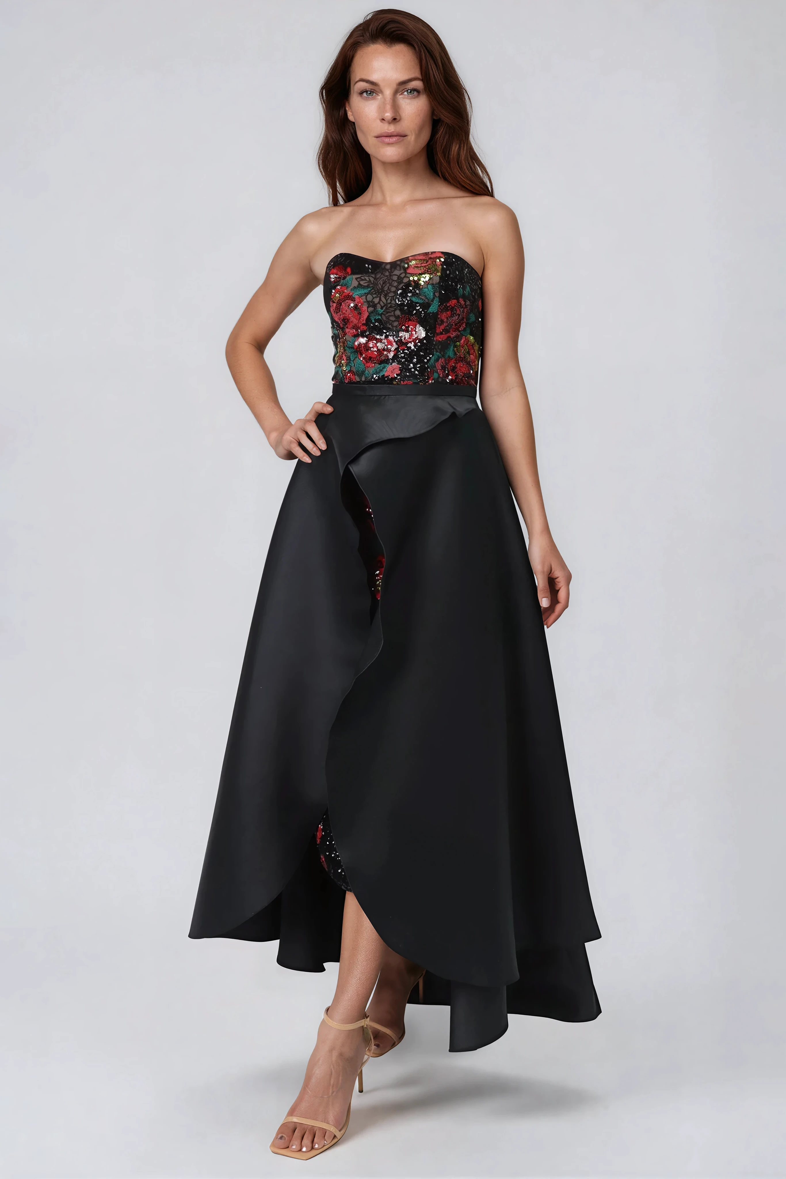 Strapless Floral Sequin Midi With High-Low Overskirt Cocktail Rene Ruiz Collection