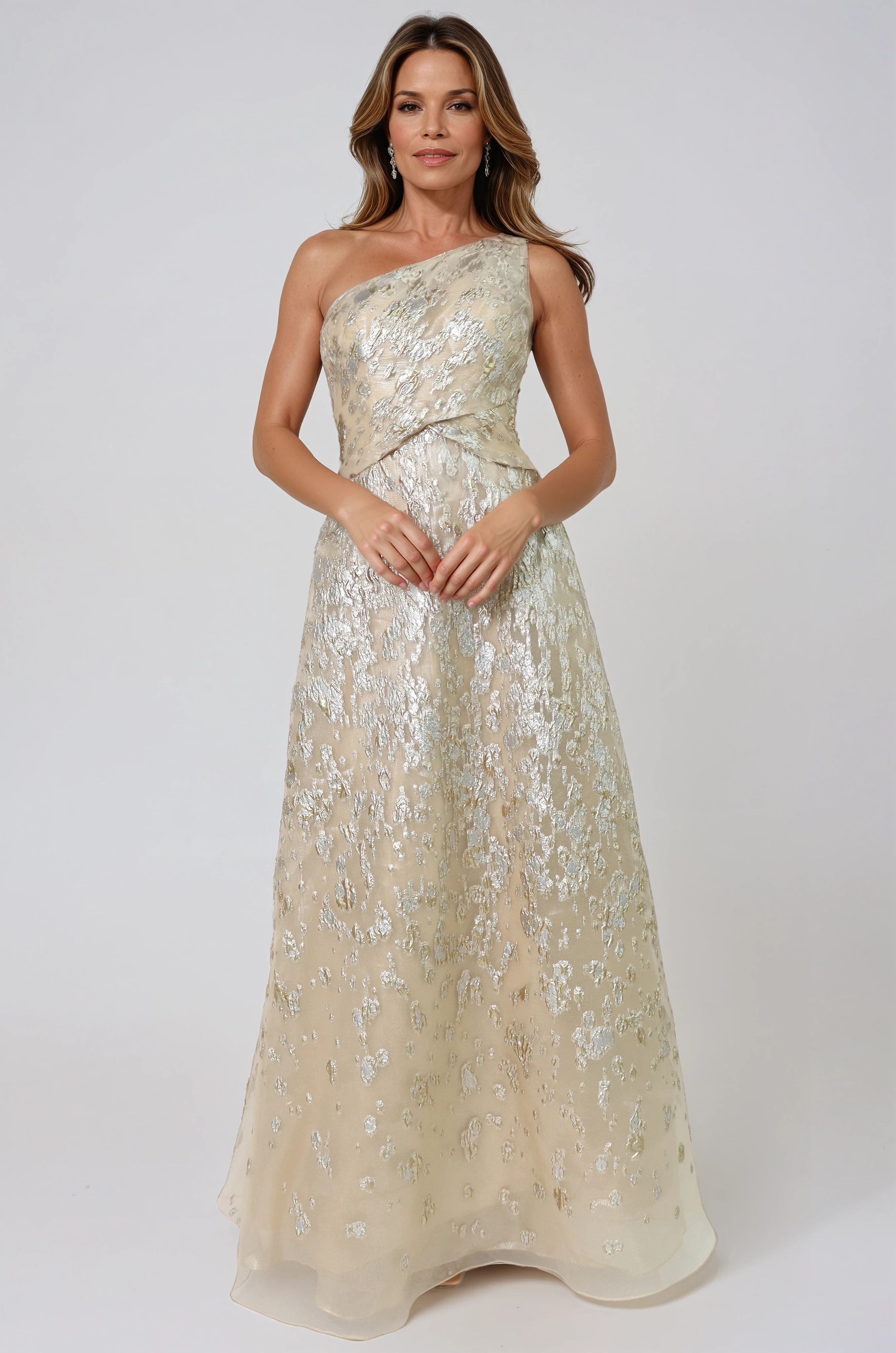 One Shoulder Fil Coupe Metallic Floral A-Line Gown Gown Rene Ruiz Collection