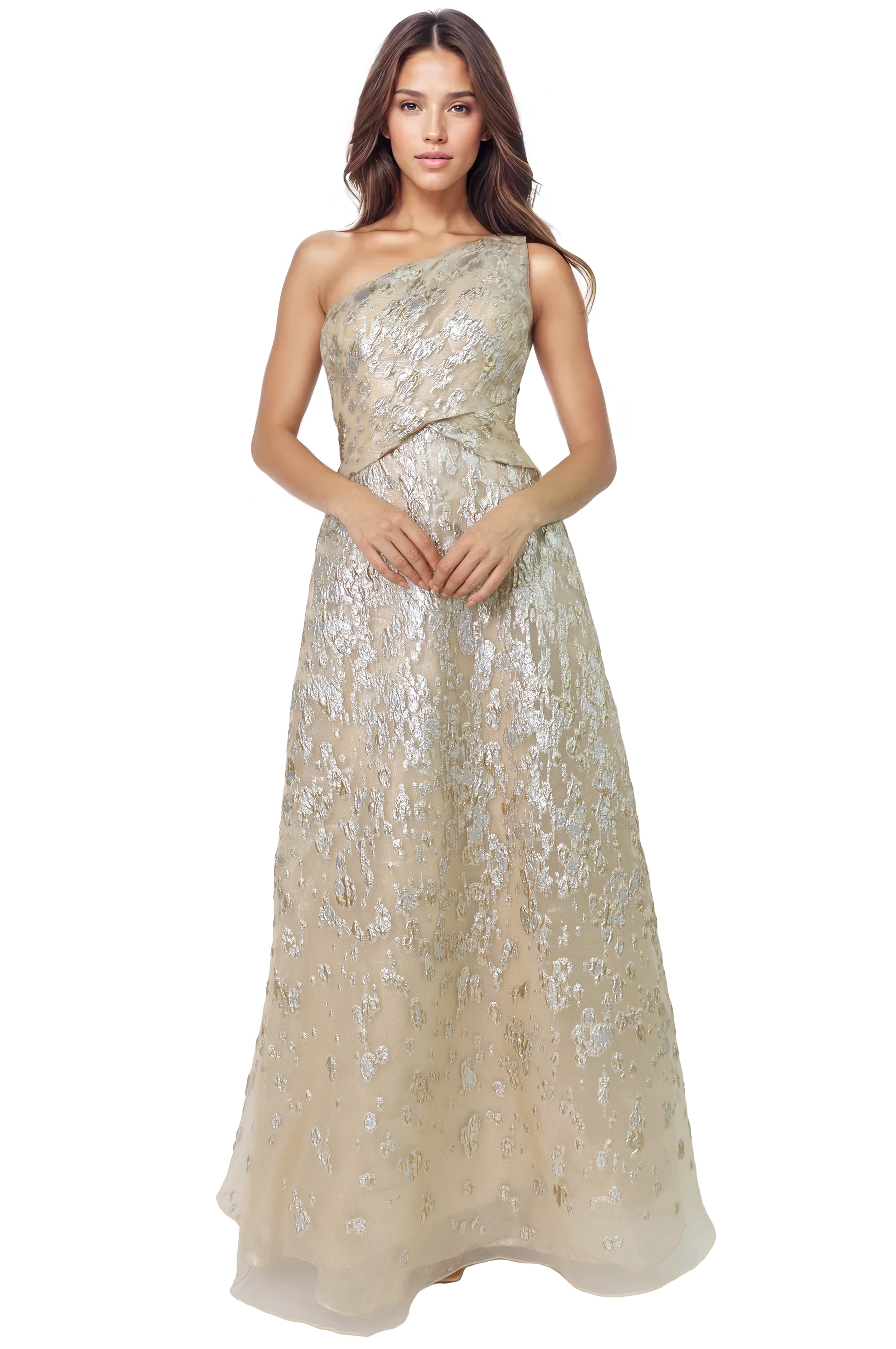 One Shoulder Fil Coupe Metallic Floral A-Line Gown  