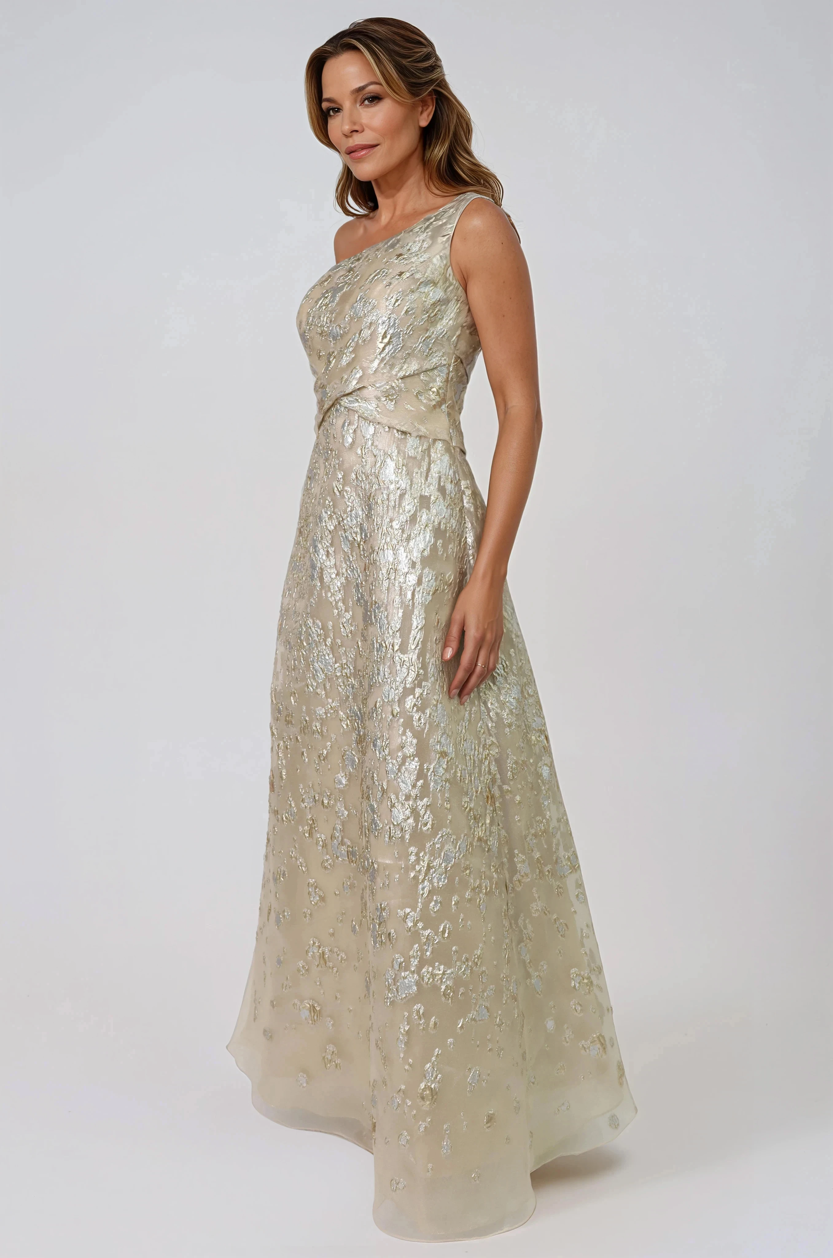 One Shoulder Fil Coupe Metallic Floral A-Line Gown Gown Rene Ruiz Collection