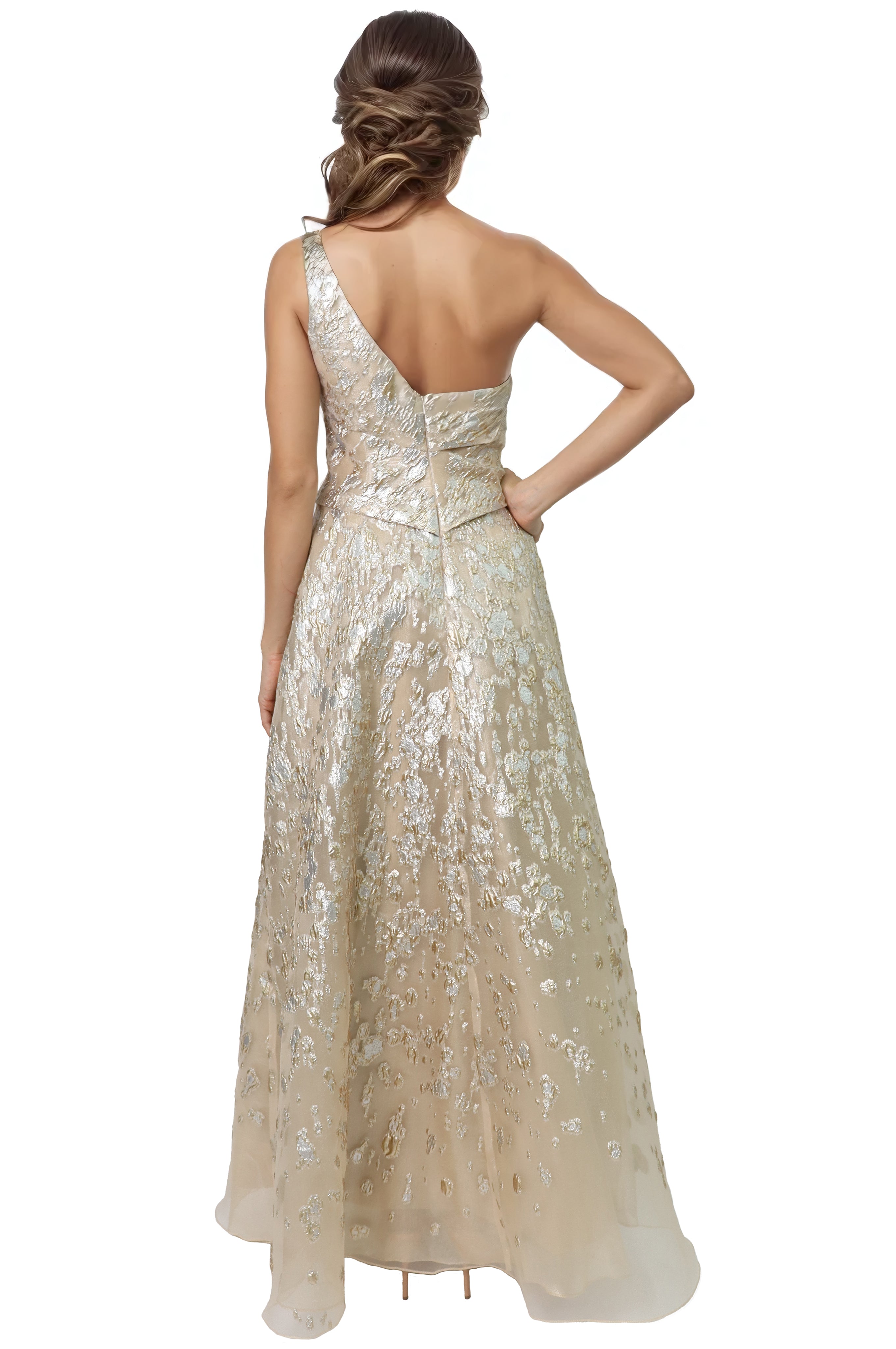 One Shoulder Fil Coupe Metallic Floral A-Line Gown  