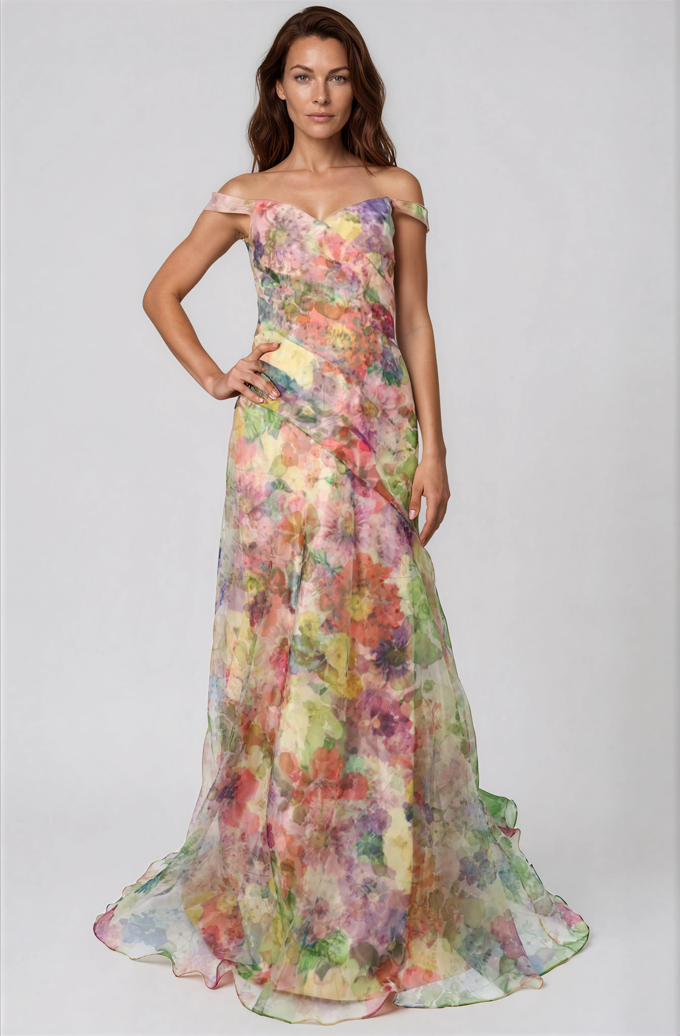 Off The Shoulder Floral Organza A-Line Gown Gown Rene Ruiz Collection