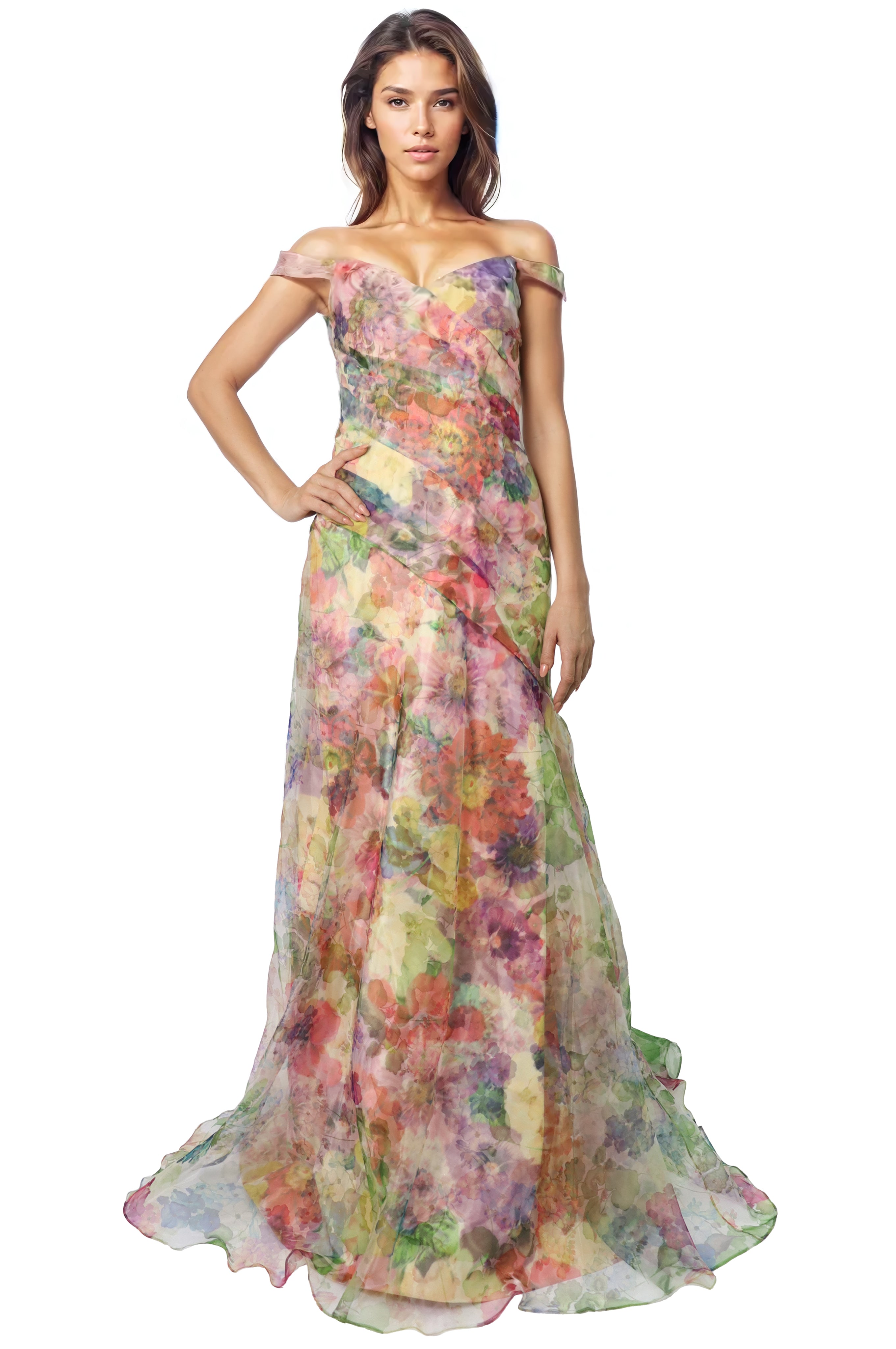 Off The Shoulder Floral Organza A-Line Gown  