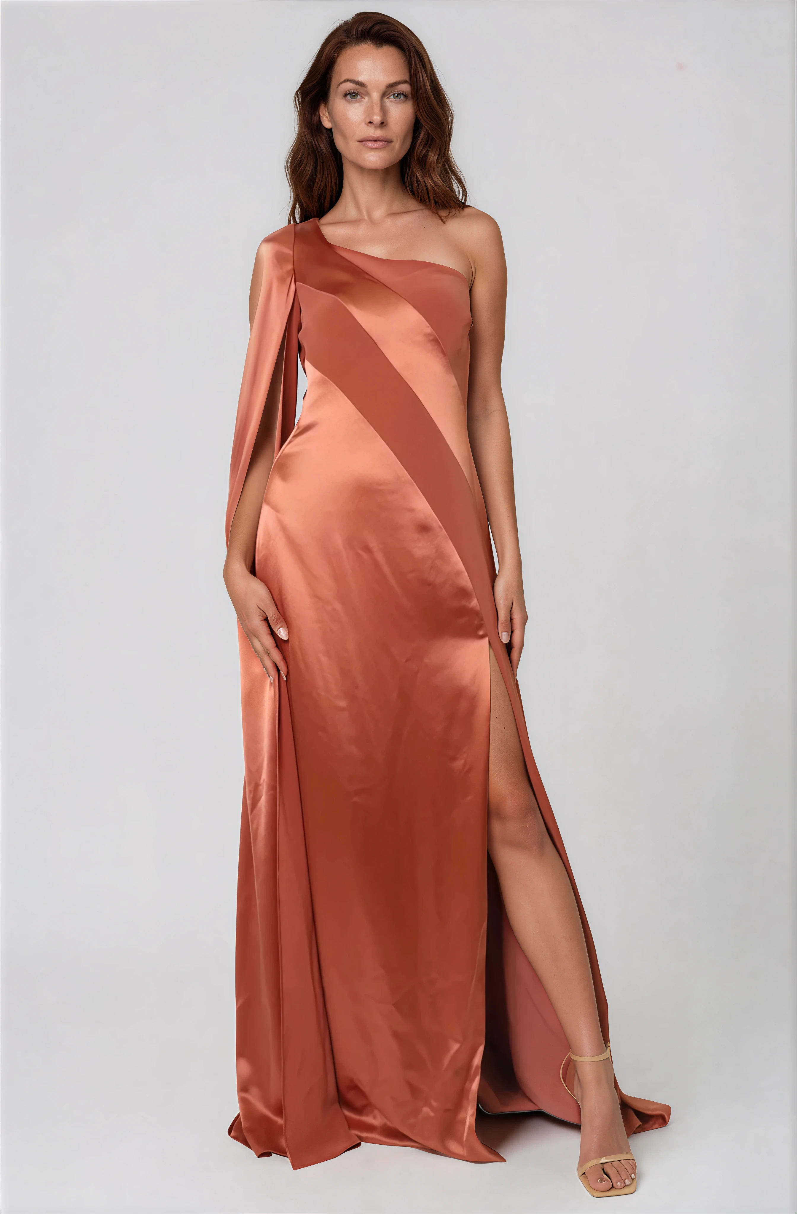 One Shoulder Satin Crepe Fit And Flare Gown Gown Rene Ruiz Collection