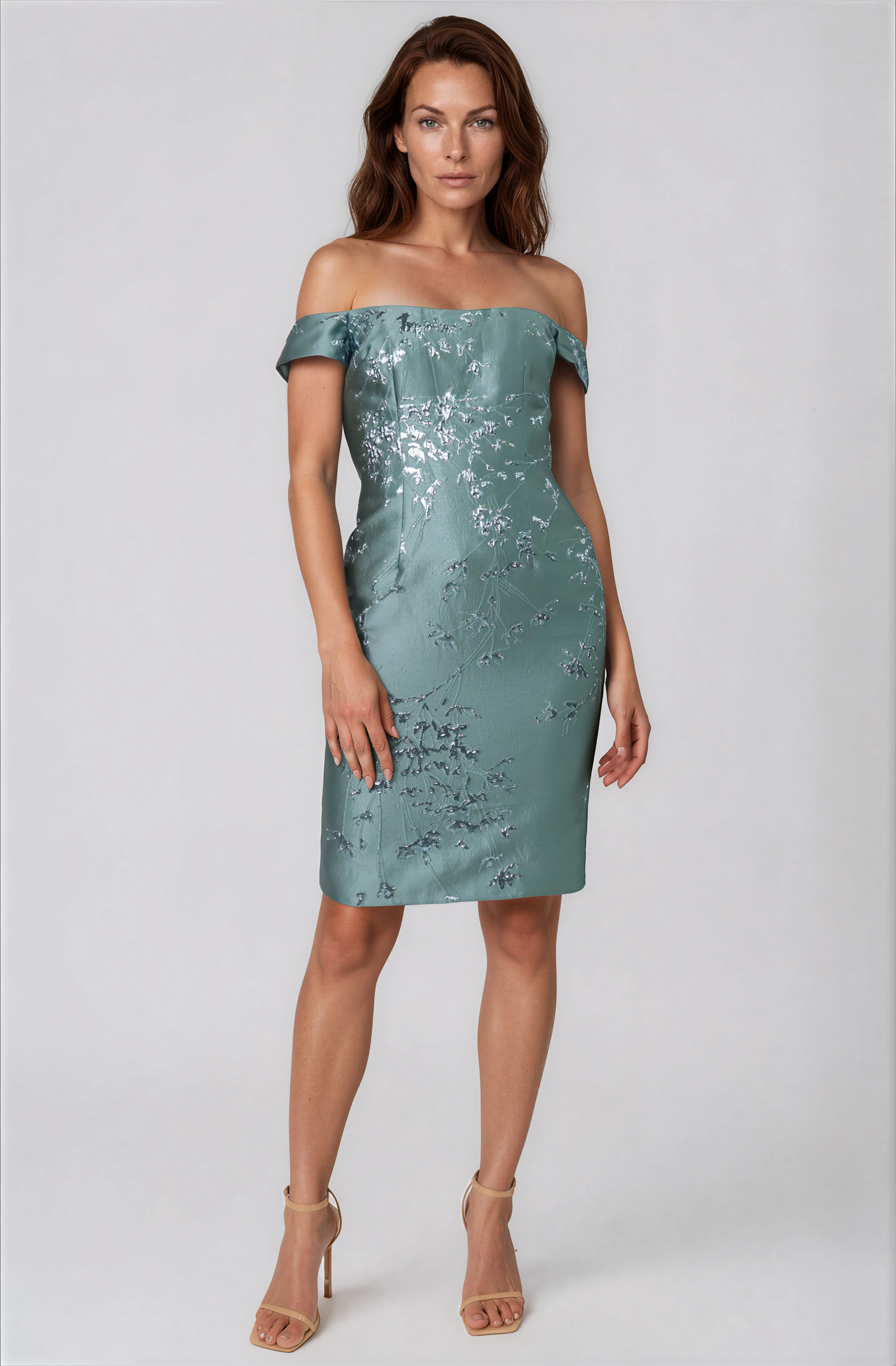 Off The Shoulder Floral Brocade Sheath Cocktail Cocktail Rene Ruiz Collection