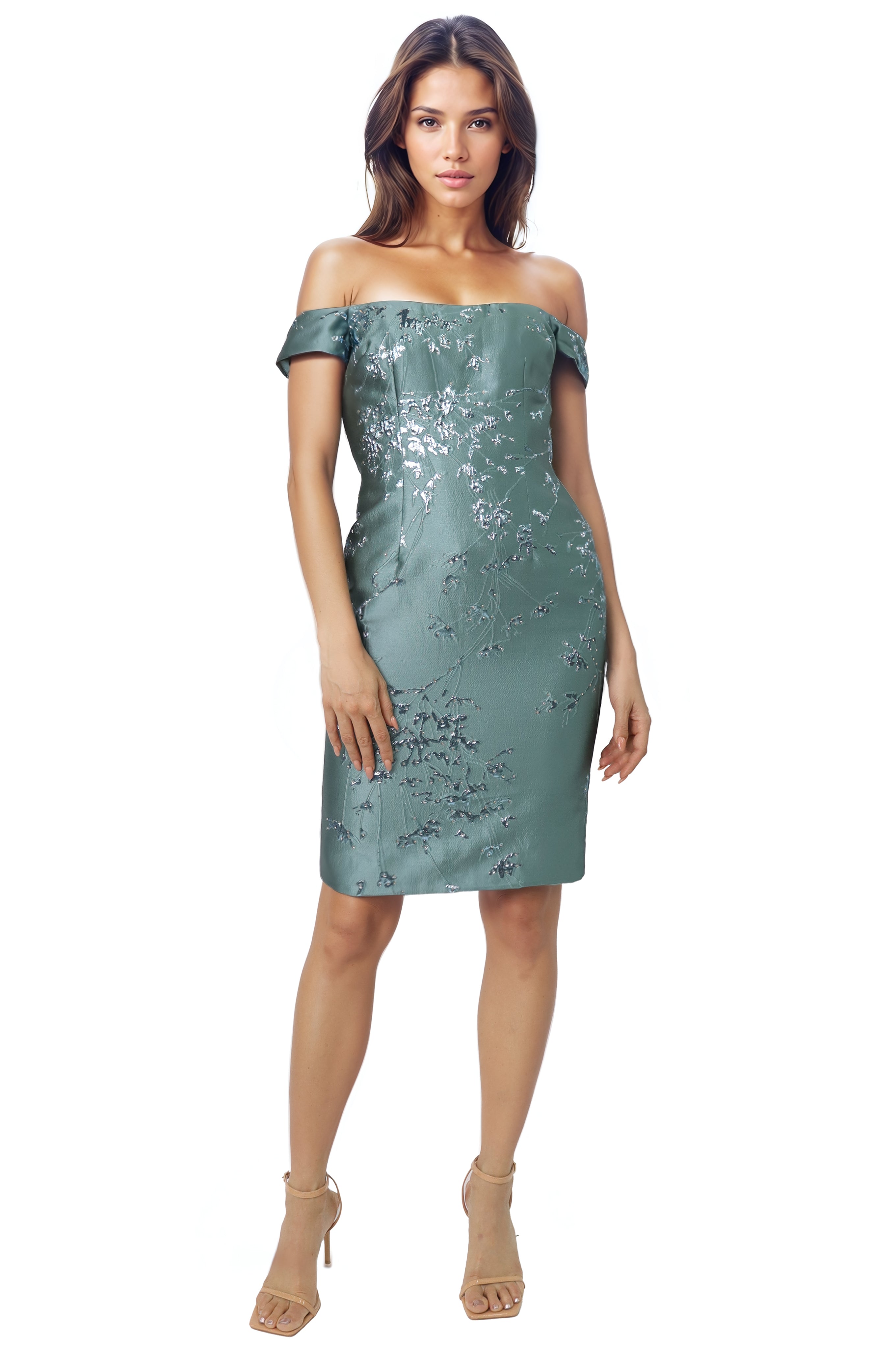 Off The Shoulder Floral Brocade Sheath Cocktail  