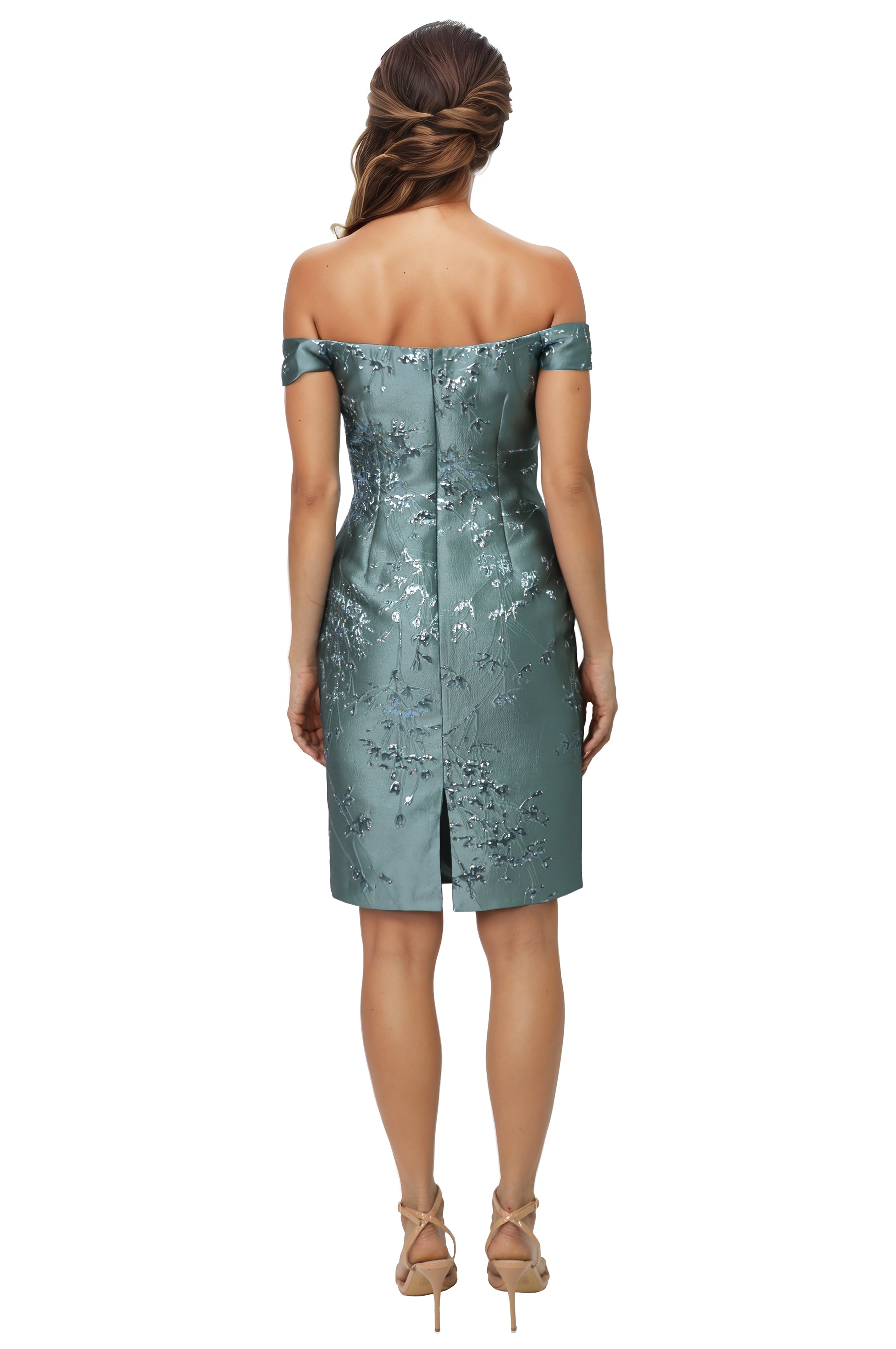 Off The Shoulder Floral Brocade Sheath Cocktail  