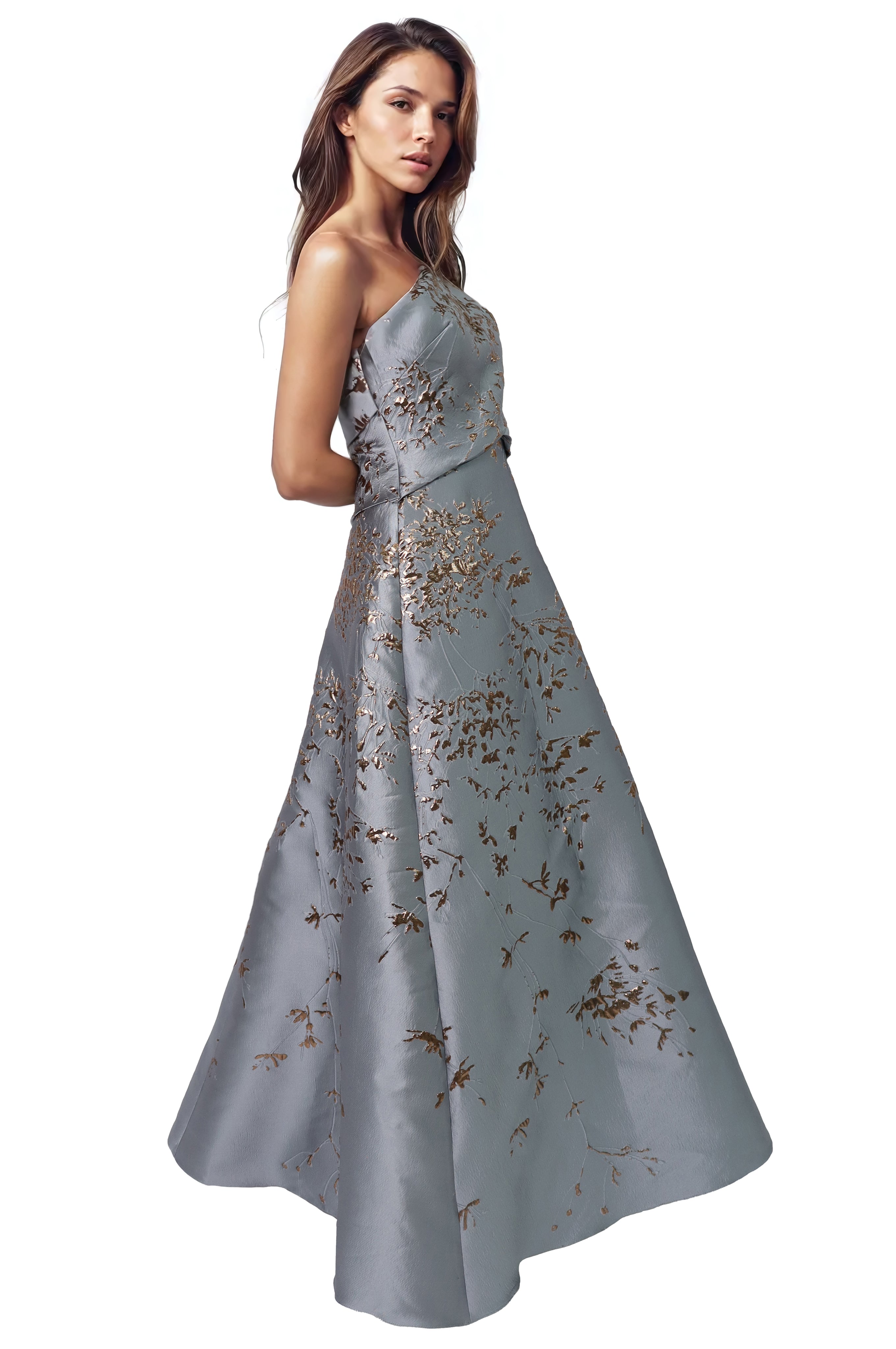 One Shoulder Brocade Metallic Floral A-Line Gown  