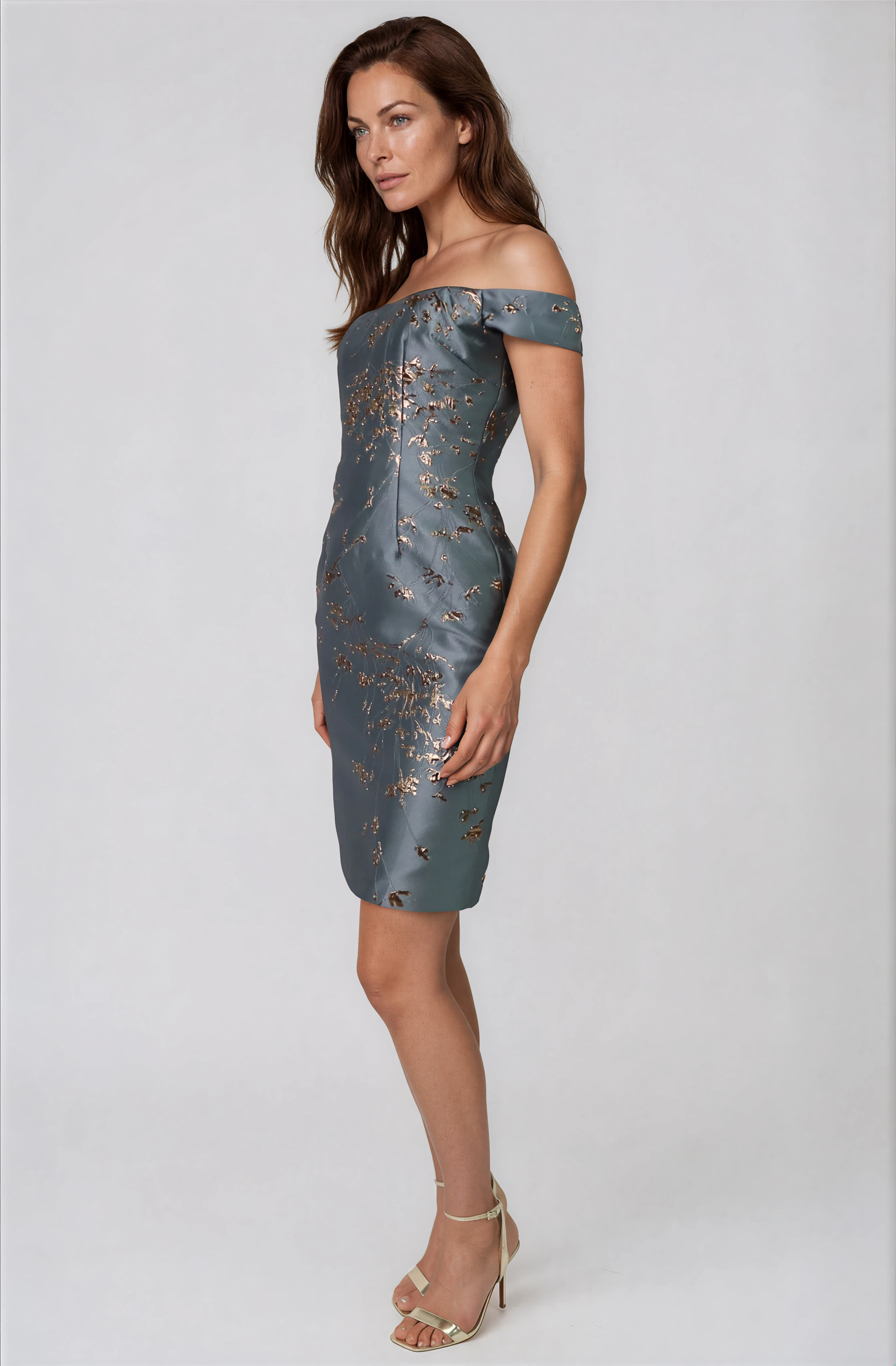 Off The Shoulder Floral Brocade Sheath Cocktail Cocktail Rene Ruiz Collection
