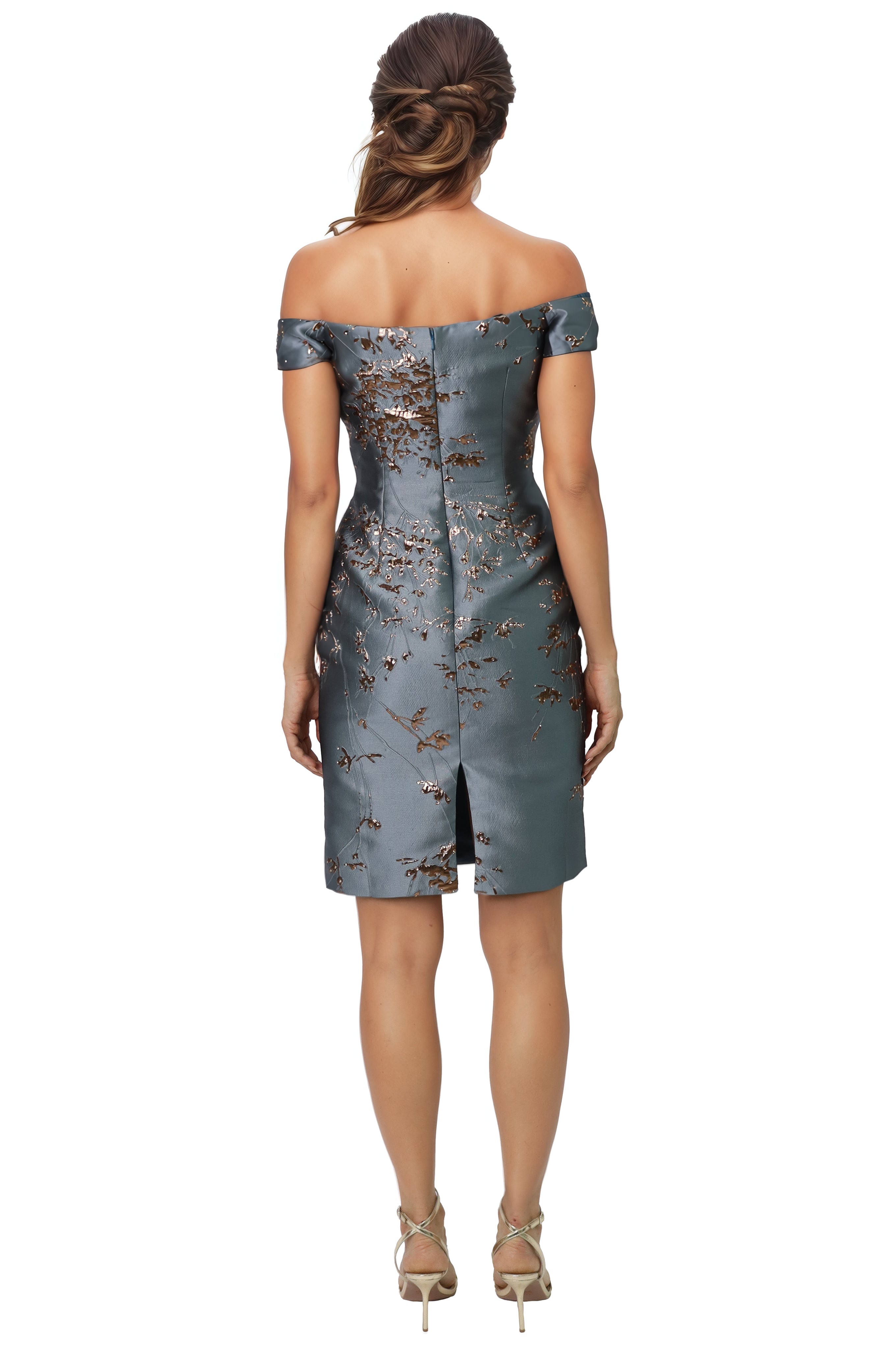 Off The Shoulder Floral Brocade Sheath Cocktail  