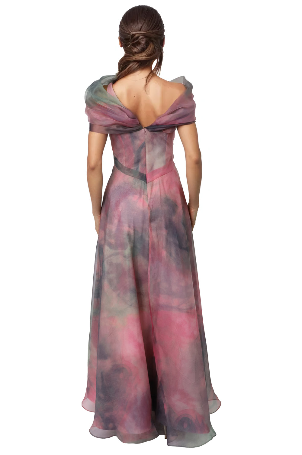 Sage Grey Studded Midi Dress with Organza Bow – Off Shoulder